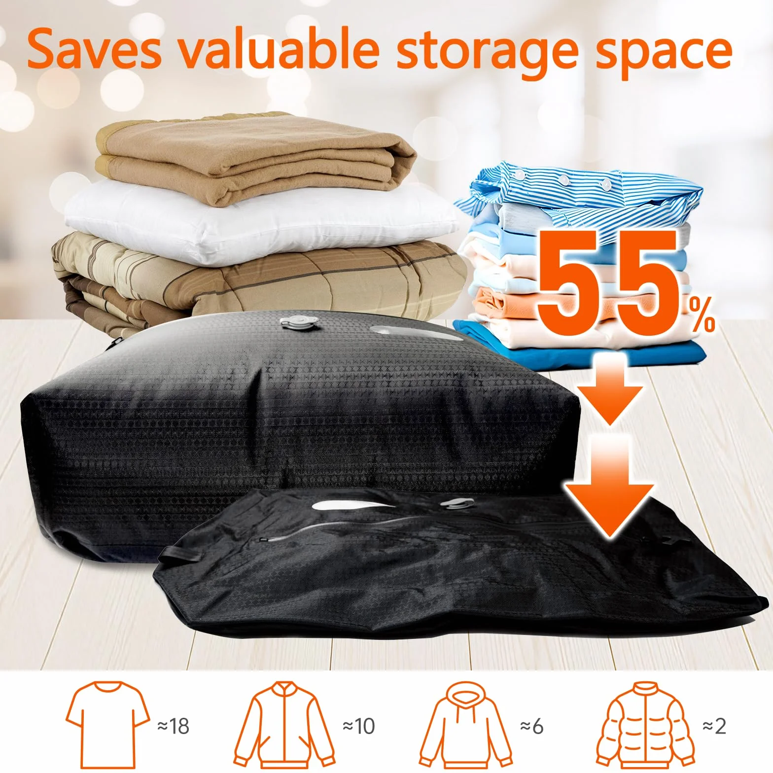 Bolsa Vacio Ropa Viaje Con Bomba Inalámbrica, Reutilizable Bolsa Compresion, Doble capa bolsas vacio, Bolsas de vacio para ropa viaje impermeabilidad IP67 Tamaño equipaje de cabina (2 pieza + bomba)