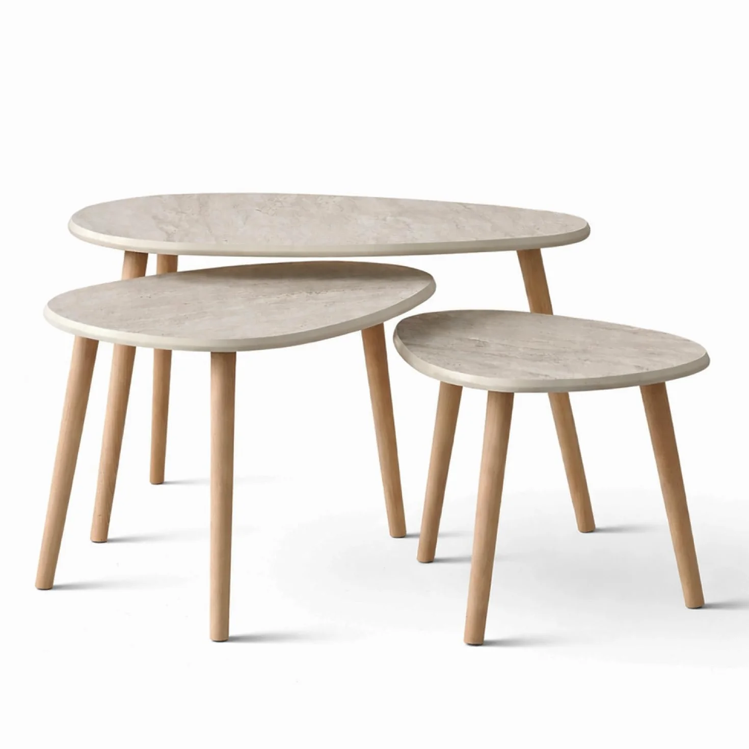CONCEPTO FÁBRICA | Set 3 Mesas Bajas Gigognes Efecto Travertino Beige Tira | Diseño Elegante y Modulable | Bandeja MDF 1,8 cm | Estilo Contemporáneo | Ahorro de espacio para salón práctico y agradable