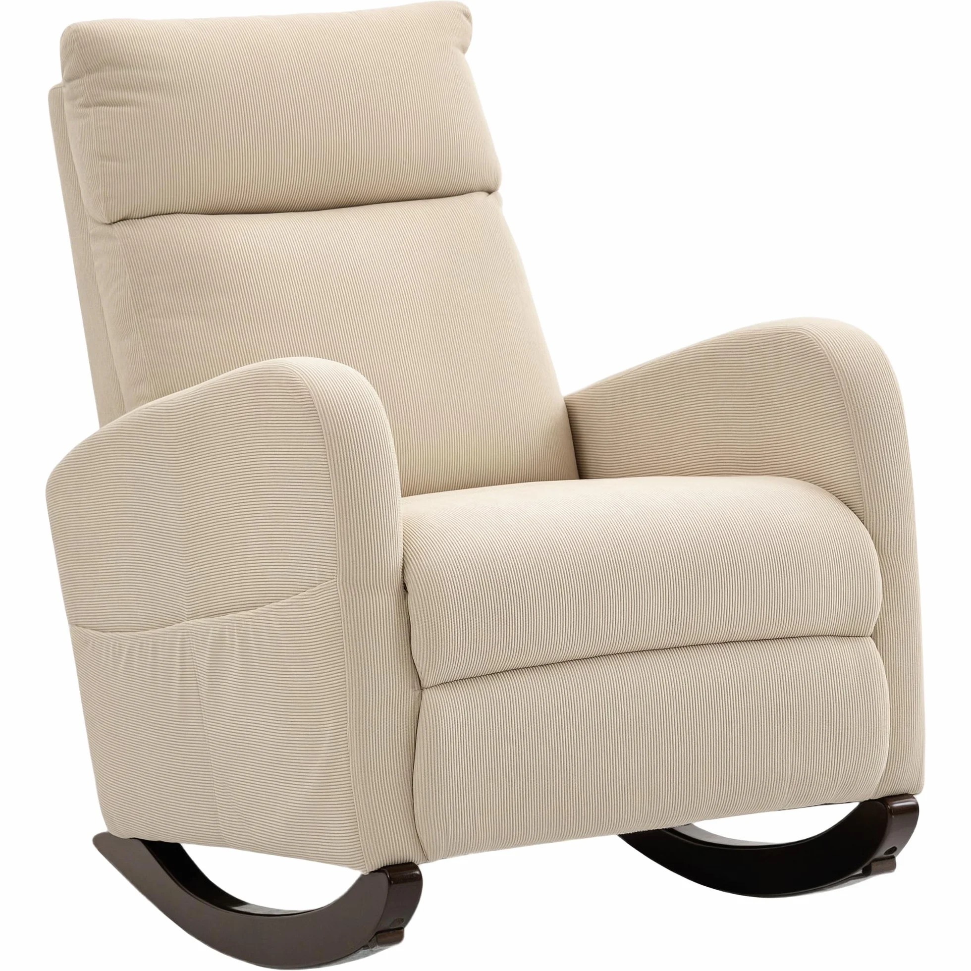 HOMCOM Silla Mecedora, Mecedora de Pana con Respaldo Alto, Patas de Madera de Caucho, Bolsillos, Reposabrazos, Estilo Moderno, Sillón de Lactancia, Carga 120 kg, para Dormitorio, Salón, Beige