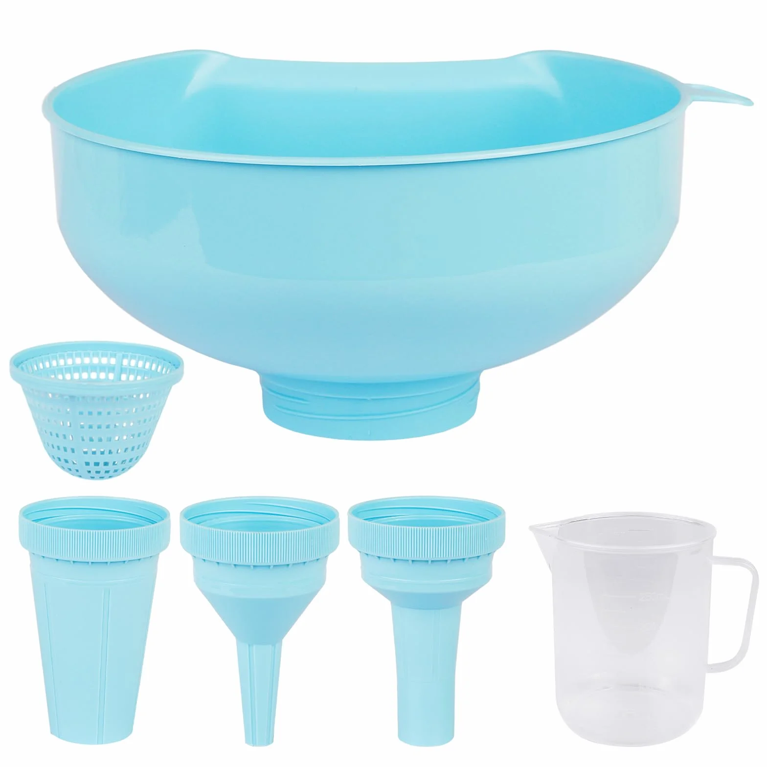 Embudo boca ancha 4 en 1 con filtro extraíble, plástico alimentario, apto lavavajillas, azul