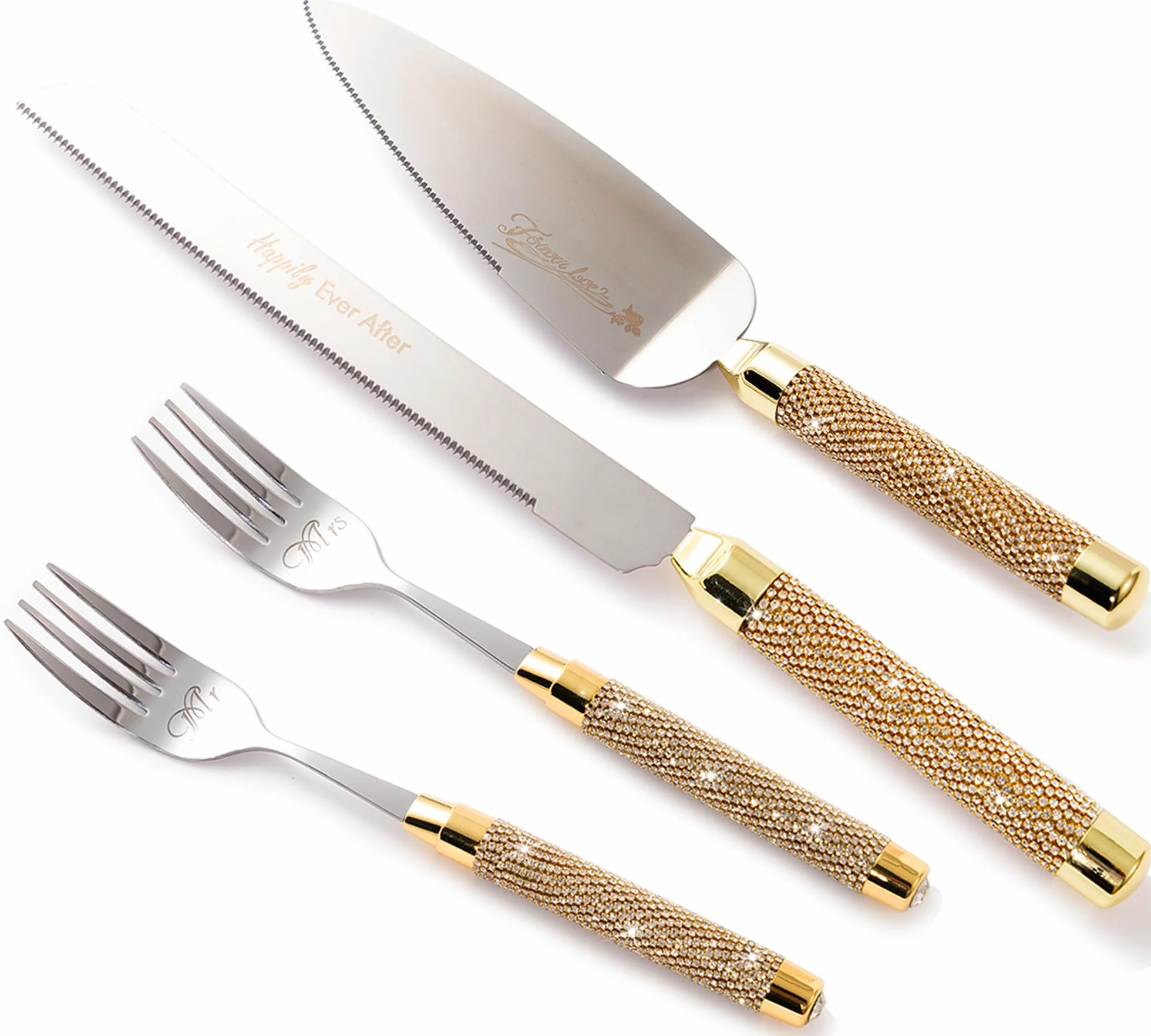 Juego de cuchillo y servidor para tartas de boda, juego de corte de pasteles para boda, 4 cortadores de pasteles y juego de tenedores para tartas de Mr and Mrs para regalos de despedida de soltera,