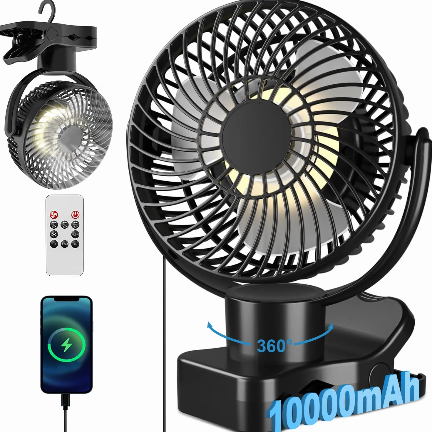 360° Oscilación Ventilador Pinza con Mando a Distancia - 10000mAh Portatil Recargable USB Ventilador de mesa - Silencioso Mini Clip Ventilador Camper 4 Niveles & Temporizador - luz LED- 75H - Ø17.5cm