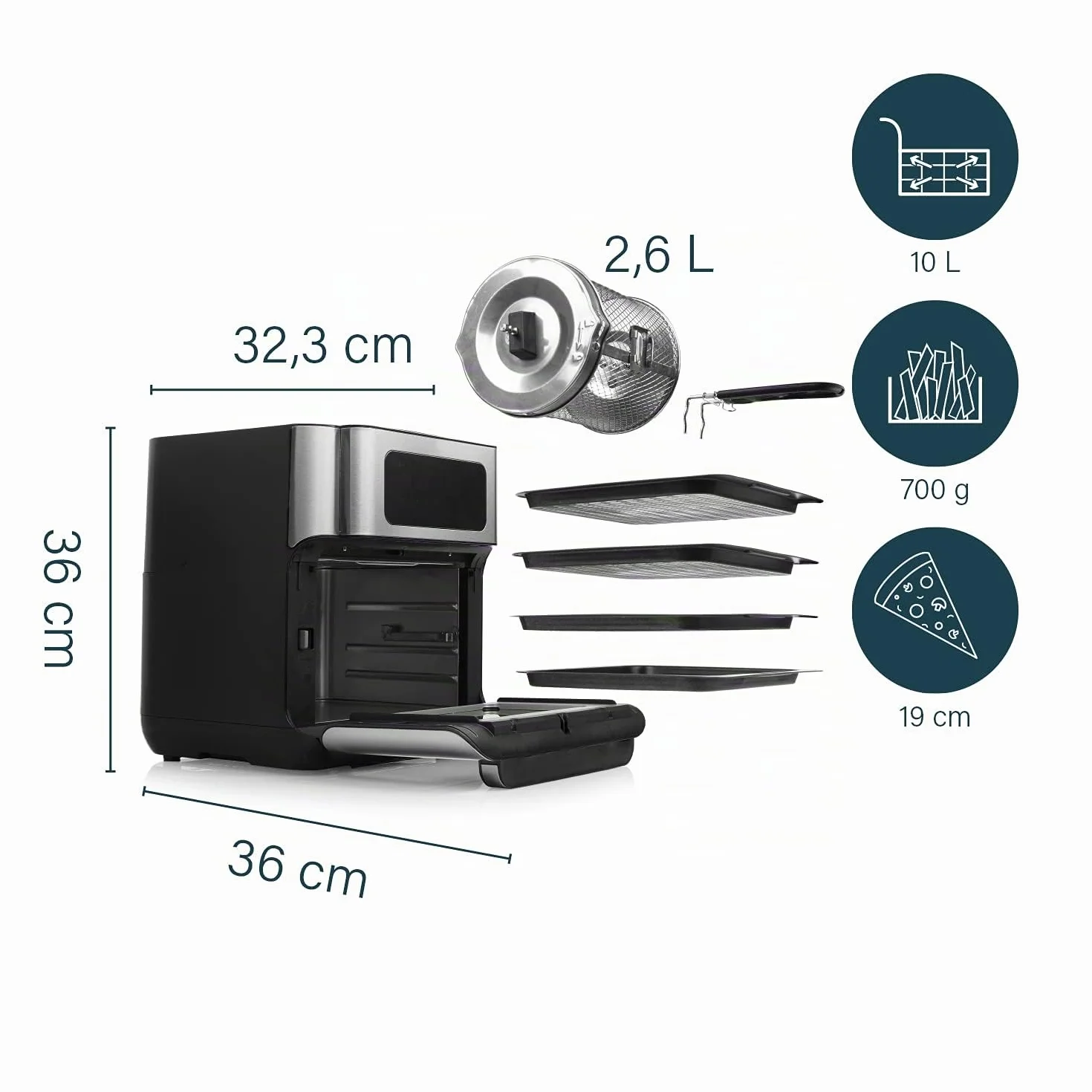 Princess Freidora sin Aceite Horno 10 L con Cesta Giratoria, Airfryer con Convección, 10 Programas, Pantalla Táctil Digital, Acero Inoxidable, Hasta 66,7% Ahorro Energético, 1500 W, 182065
