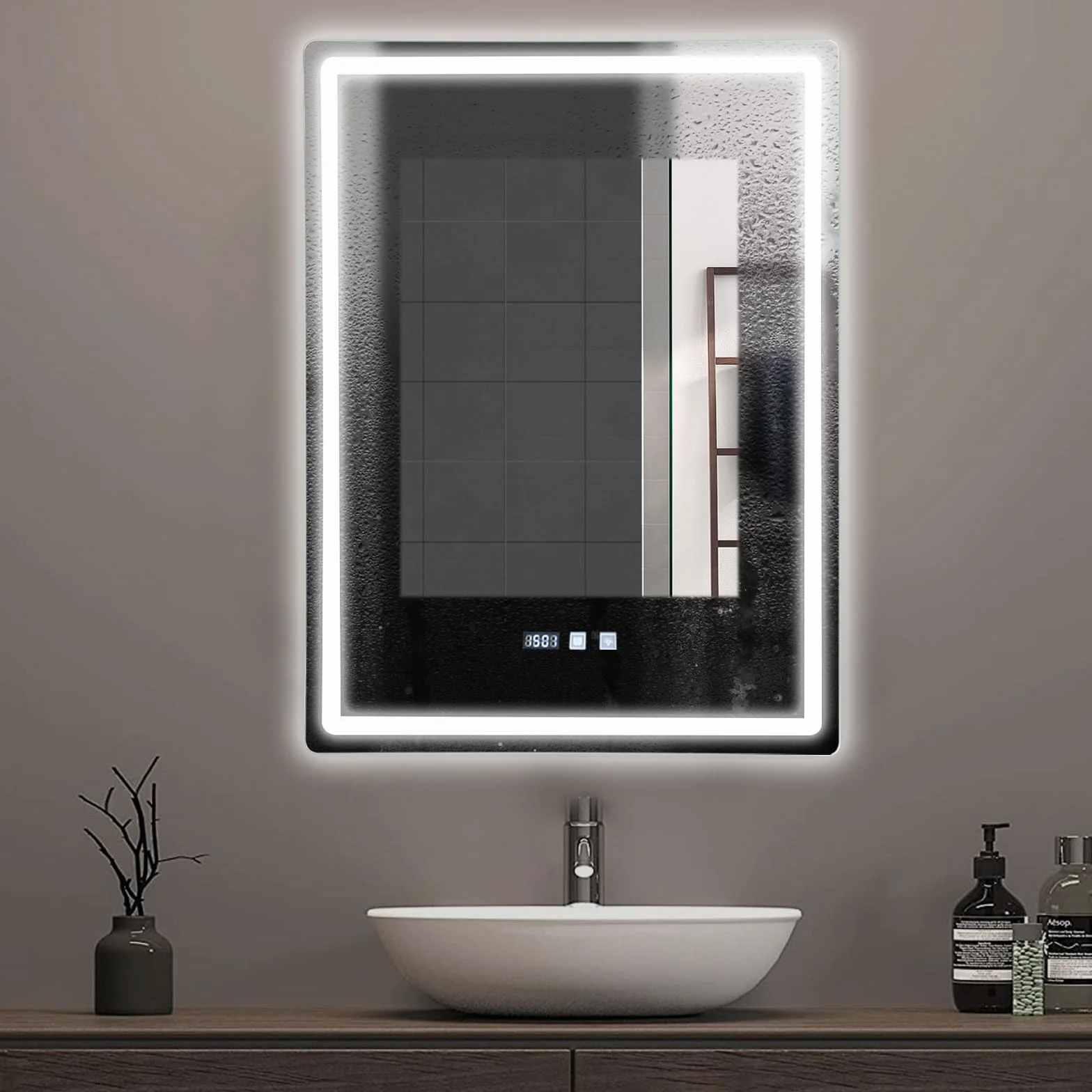 Espejo de baño con iluminación 60 x 80 cm, espejo LED con 3 colores de luz regulable, antivaho, espejo de pared LED horizontal/vertical para baños, lavabos (60 x 80 cm)