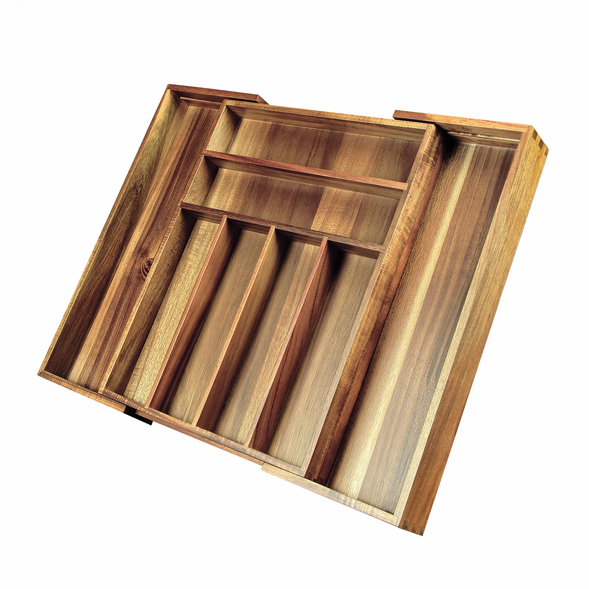 KITEISCAT Organizador de cubiertos expandible de madera de acacia, organizador de cajones de utensilios de cocina para tenedores y cucharas, bandeja de cubiertos de 8 compartimentos, soporte para