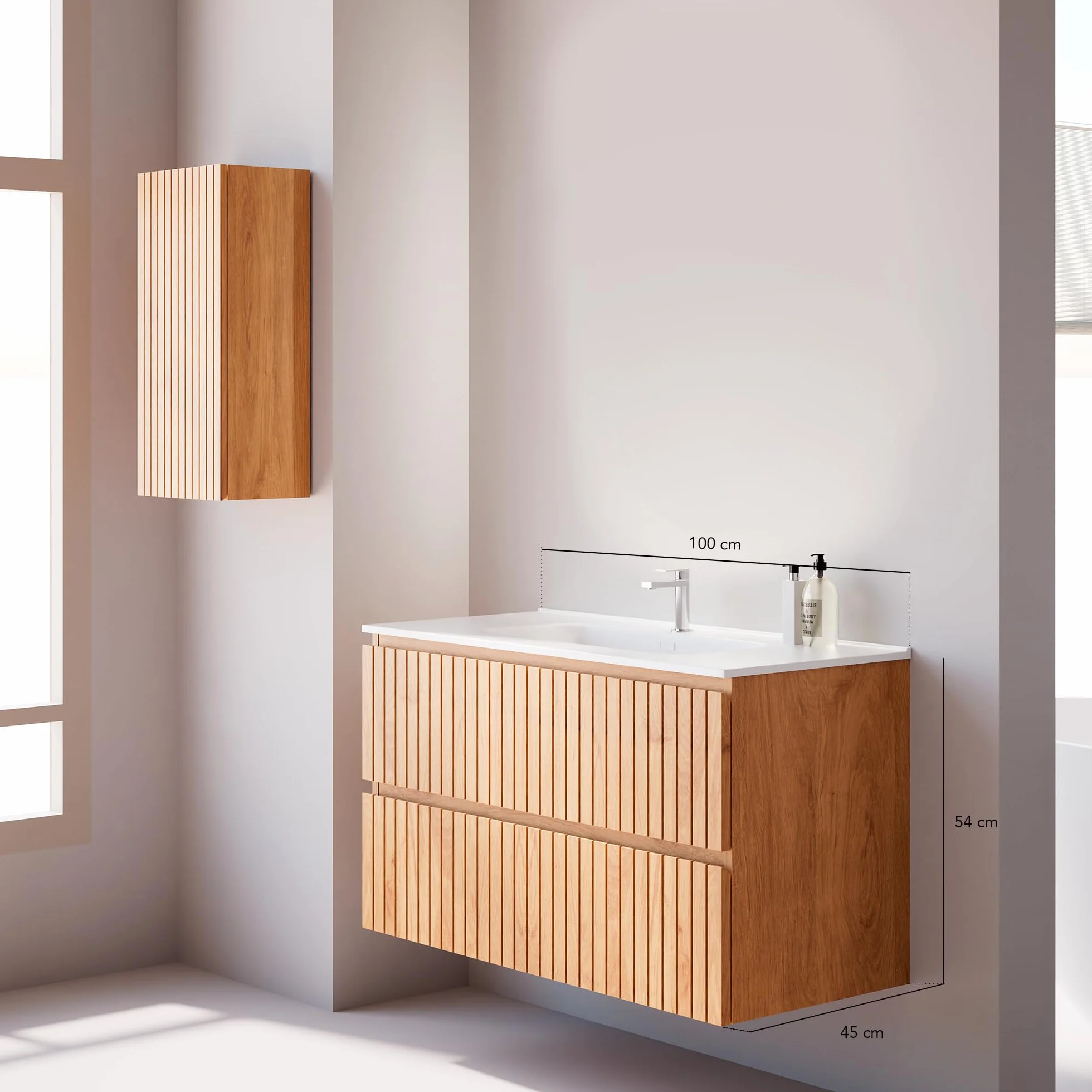 Conjunto Mueble Baño Tiger 100 cm Roble Nórdico con Encimera Cerámica Blanca Brillo, Lavabo Incluido, 2 Cajones Soft Close, Diseño Suspendido, Gran Almacenaje práctico y Funcional