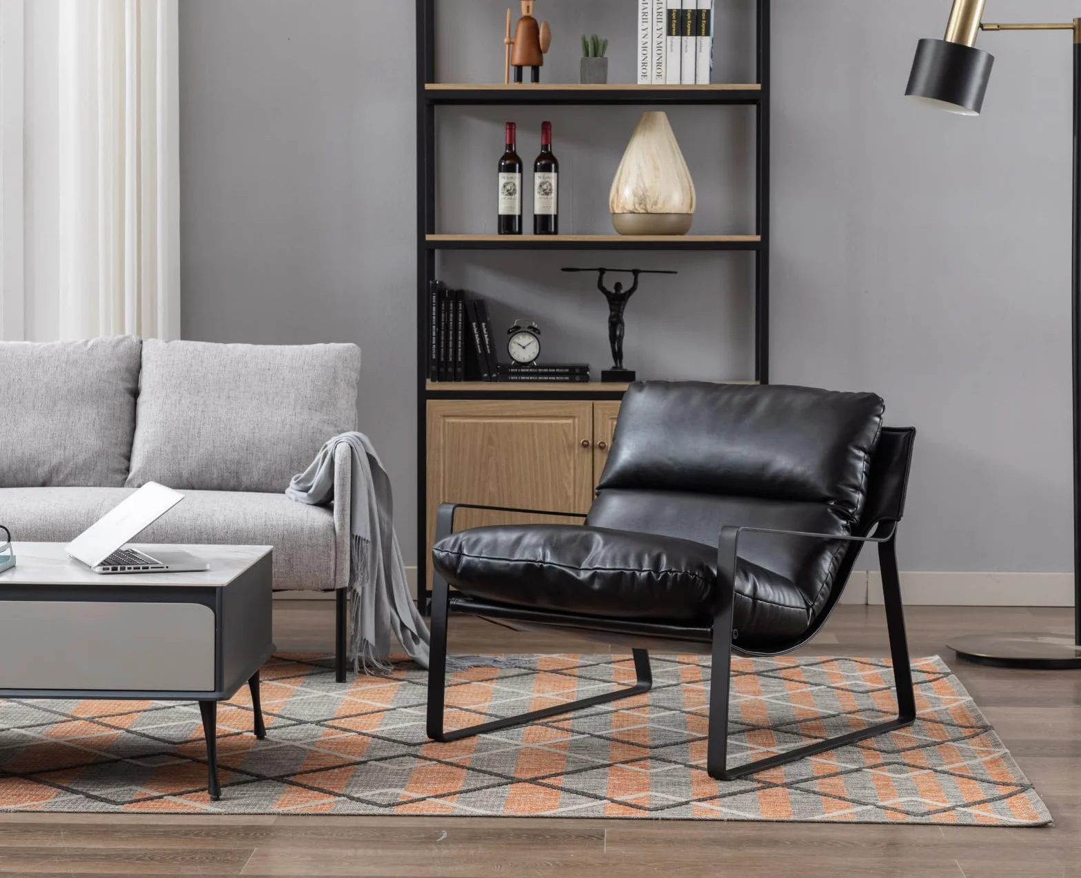 Ya-Home Sillon Individual Moderno Silla Ocio de Salón con Patas Negras,Silla Relax de PU Cuero con Brazos Butaca de Lectura Sencillo para Hogar/Apartamento,Negro