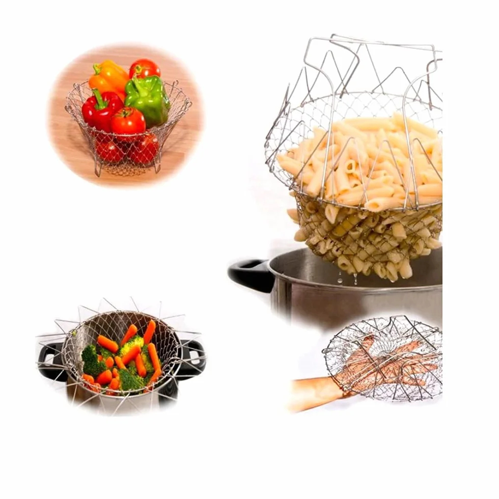 Enjuague de Vapor Plegable Fry Chef Cesta de Malla Acero Inoxidable Colador Herramientas de Cocina