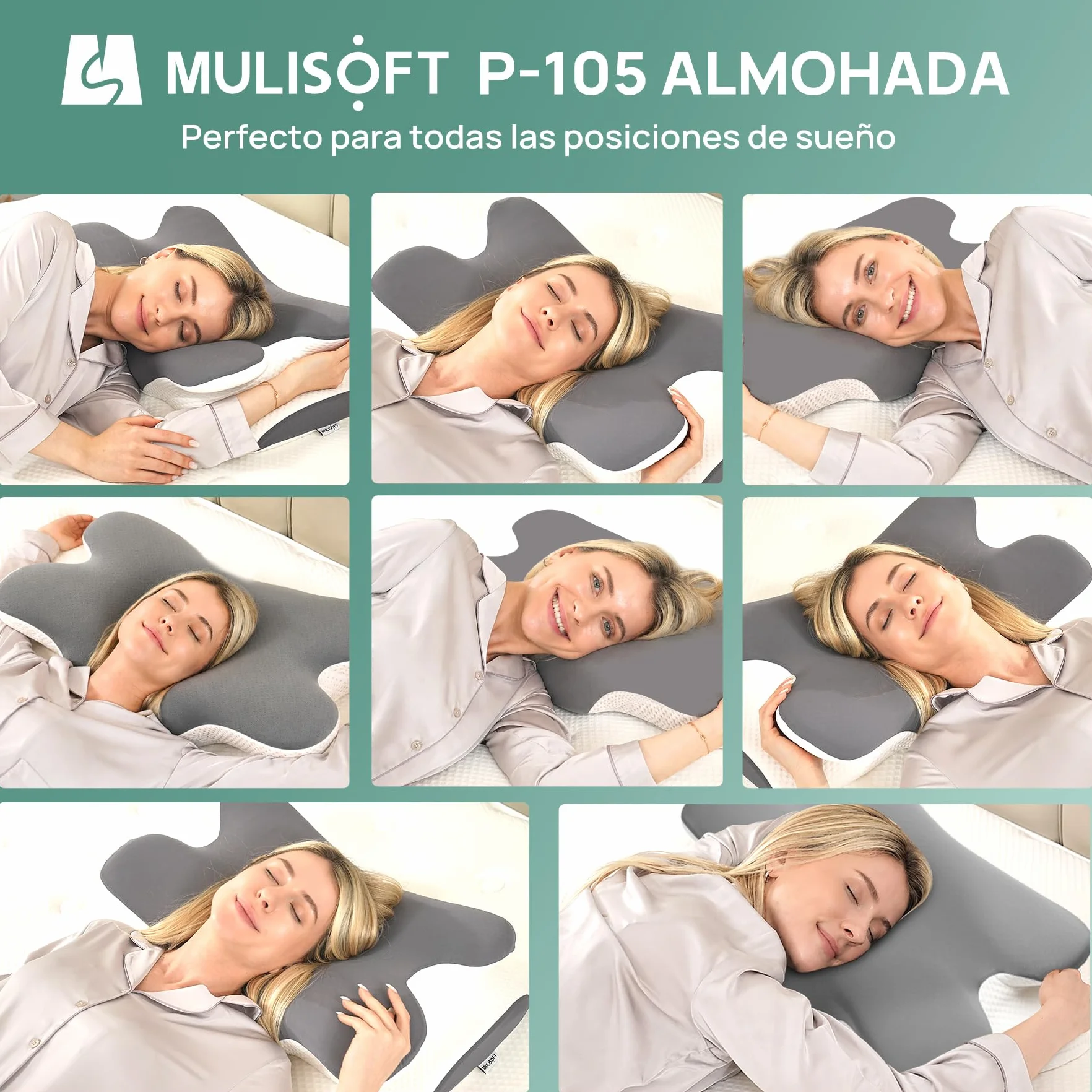 MULISOFT Almohada Cervicales y Cuello, Almohada Cervical de Espuma Viscoelástica, 2 en 1 Almohada Ergonómica Mariposa para Dormir de Lado, Boca Arriba y Boca Abajo, 67x36x10/12 cm, P-105 Gris