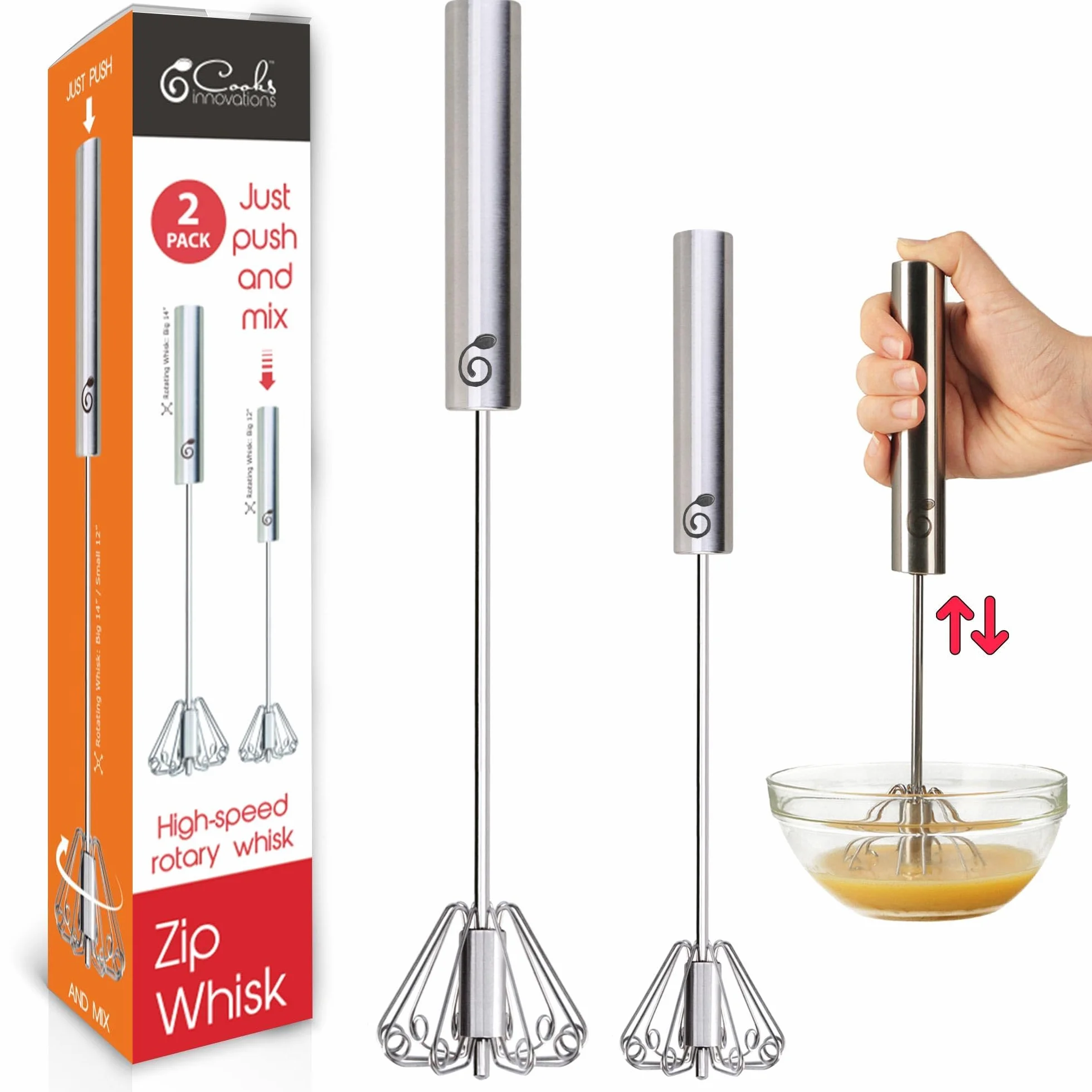 Batidor de huevos giratorio de acero inoxidable, 2 unidades, 12 y 14 pulgadas | Semiautomático | Leche espumosa | Mezcla | Mezcla