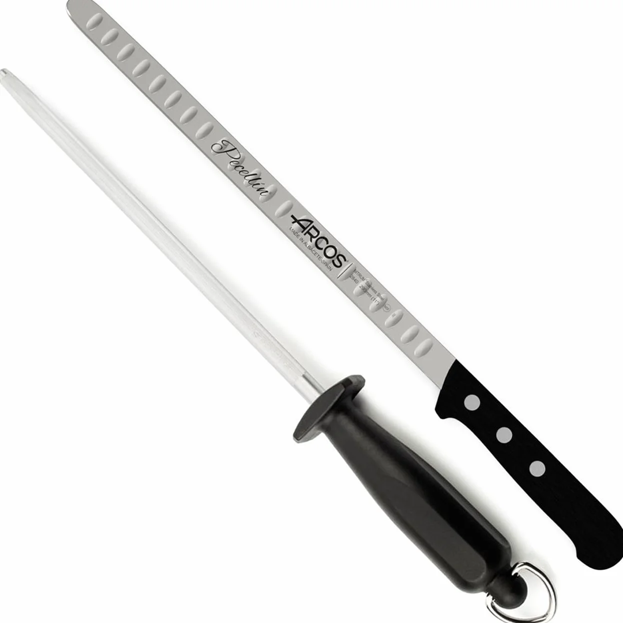 Cuchillo Jamonero de 29 cm + Chaira 23 cm – Cuchillo de Hoja Flexible con Alveolos Acero Inoxidable NITRUM Para Cortar Patas y Paletas de Jamon Proteccion Bacteriana Bactiproff Silver