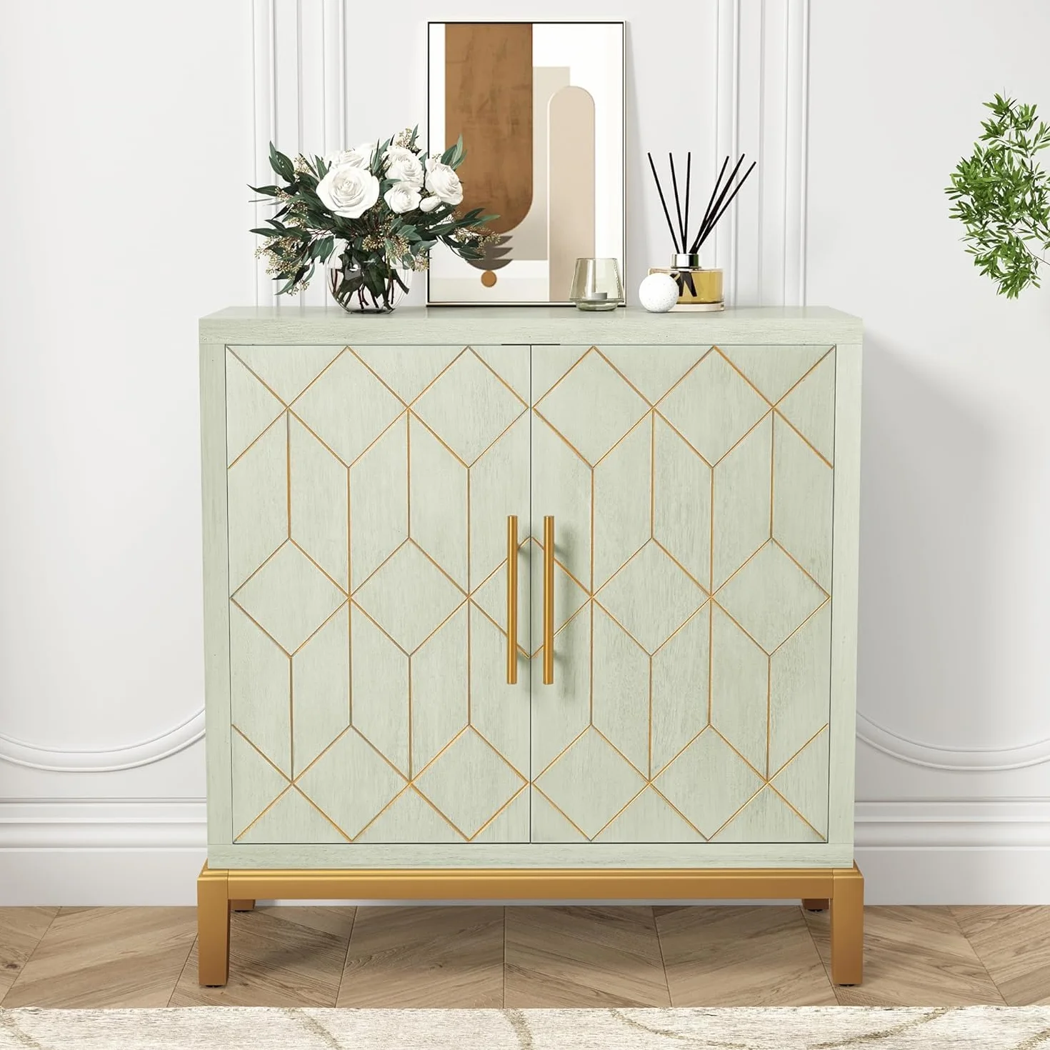HOLTICO Armario de cocina, armario de baño, armario de salón, armario verde con estante ajustable, armario independiente para cocina, baño, salón, garaje, líneas doradas y patas