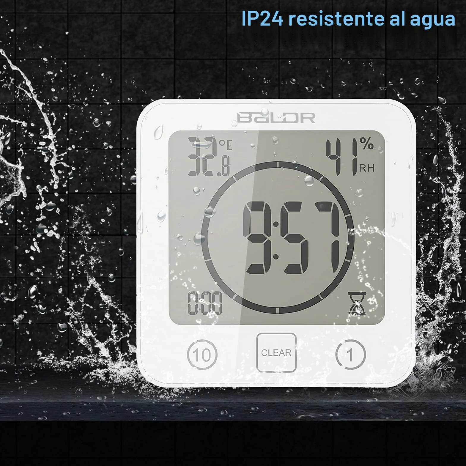 ZONJIE Reloj de baño impermeable digital con temporizador, ventosa, indicador temperatura humedad, táctil (blanco)