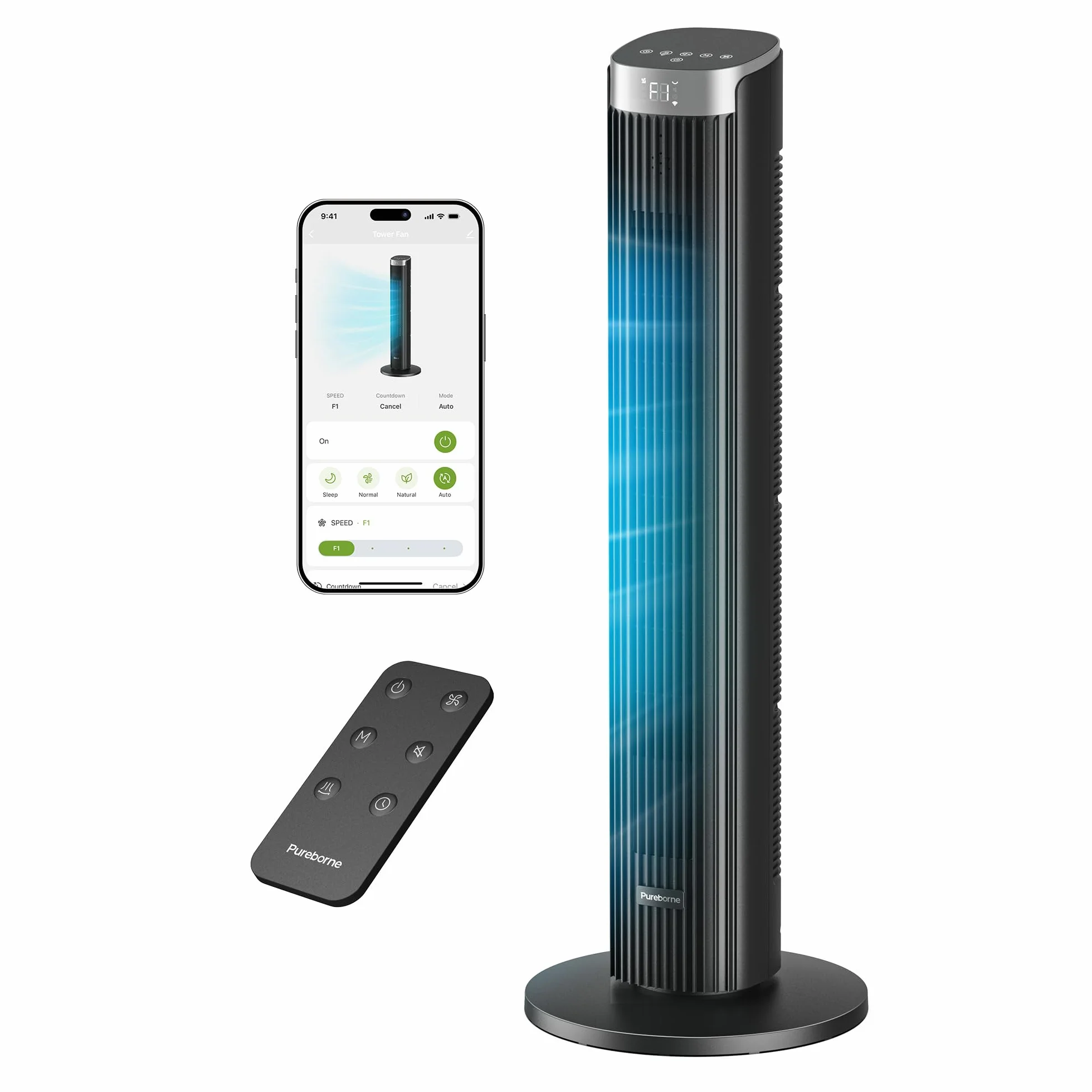 Ventilador de Columna Silencioso 23 dB, 91,4 cm, Ventilador de Pie Inteligente con Oscilación 90°, 4 Velocidades y 4 Modos, Temporizador 12H, para Dormitorio, Negro – 1 pack + 4 modos