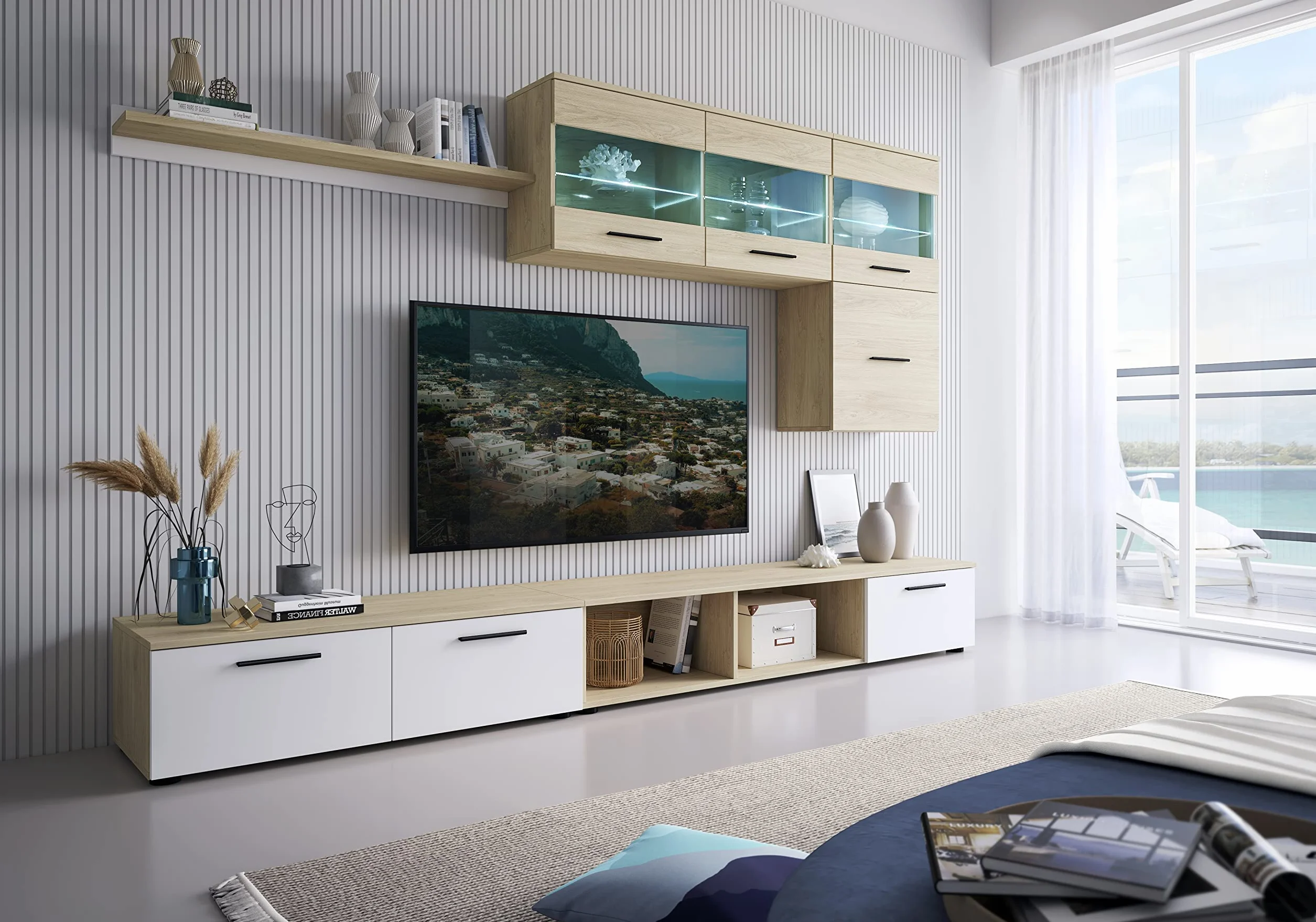 Skraut Home - Muebles de Salón - Modelo París - Conjunto de Aparador-Estantería y Mueble TV - Estilo Nórdico - con Luz LED - Melamina - Blanco y Roble