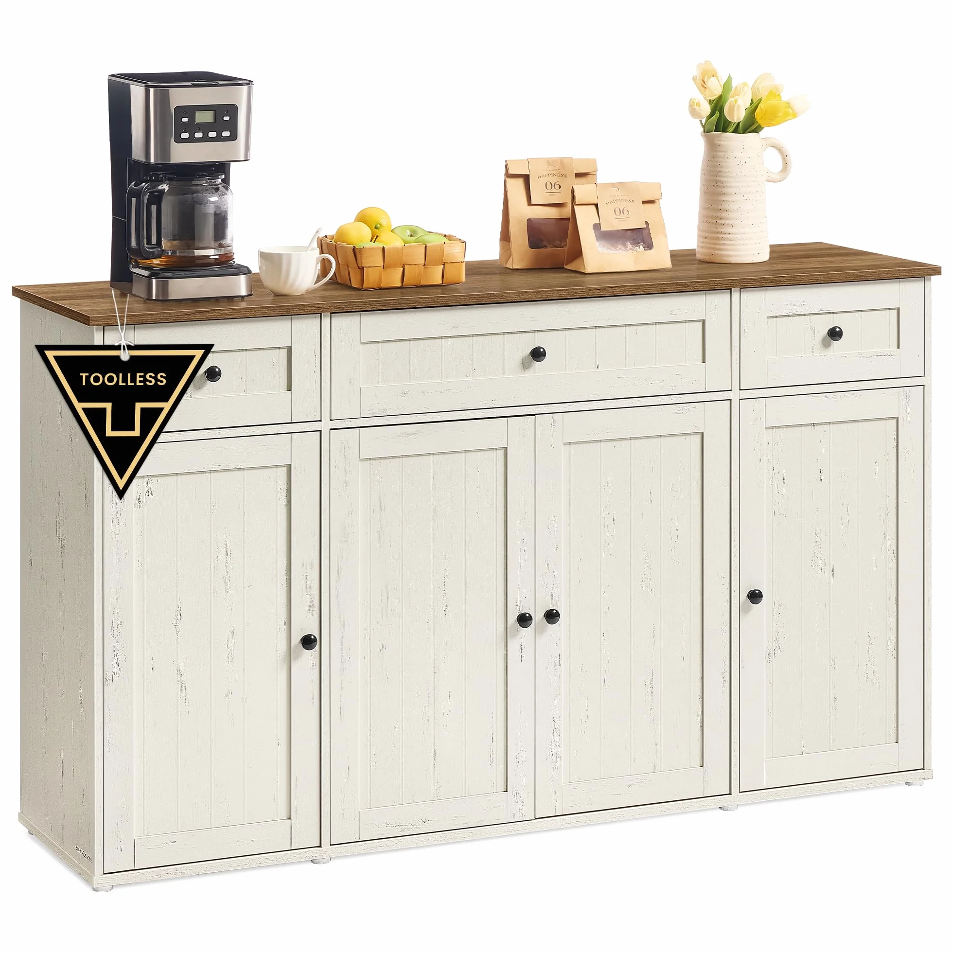 SONGMICS HOME Aparador, Montaje Súper Rápido Sin Herramientas Toolless, Mueble de Cocina con Encimera, Estantes Ajustables, Blanco Rústico y Marrón Miel BBK376WJ02