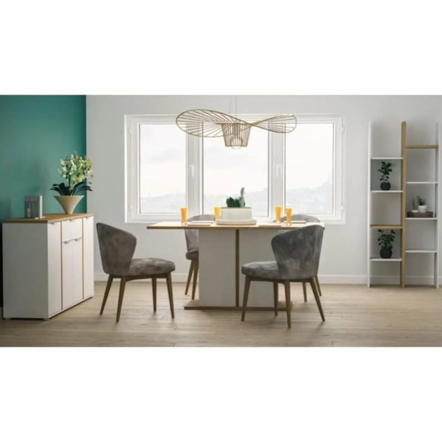 Aparador Moderno Blanco Mate y Roble Hamilton 3 Puertas 2 Cajones 121,5 x 39,6 x 85,6 cm