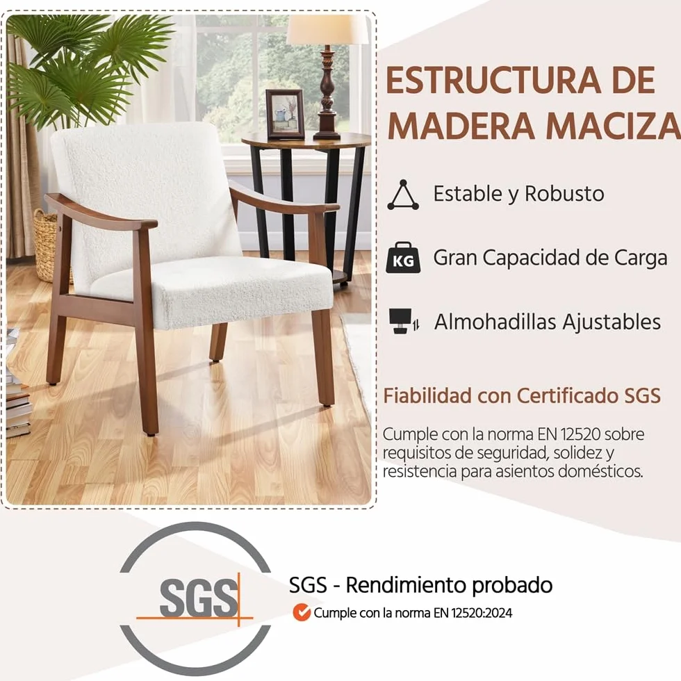 Yaheetech Butaca de Salón Tapizado en Bouclé Sillón Individual con Respaldo Acolchado y Reposabrazos de Madera Maciza Sofá Individual Ergonómico Soporte 136 kg Blanco