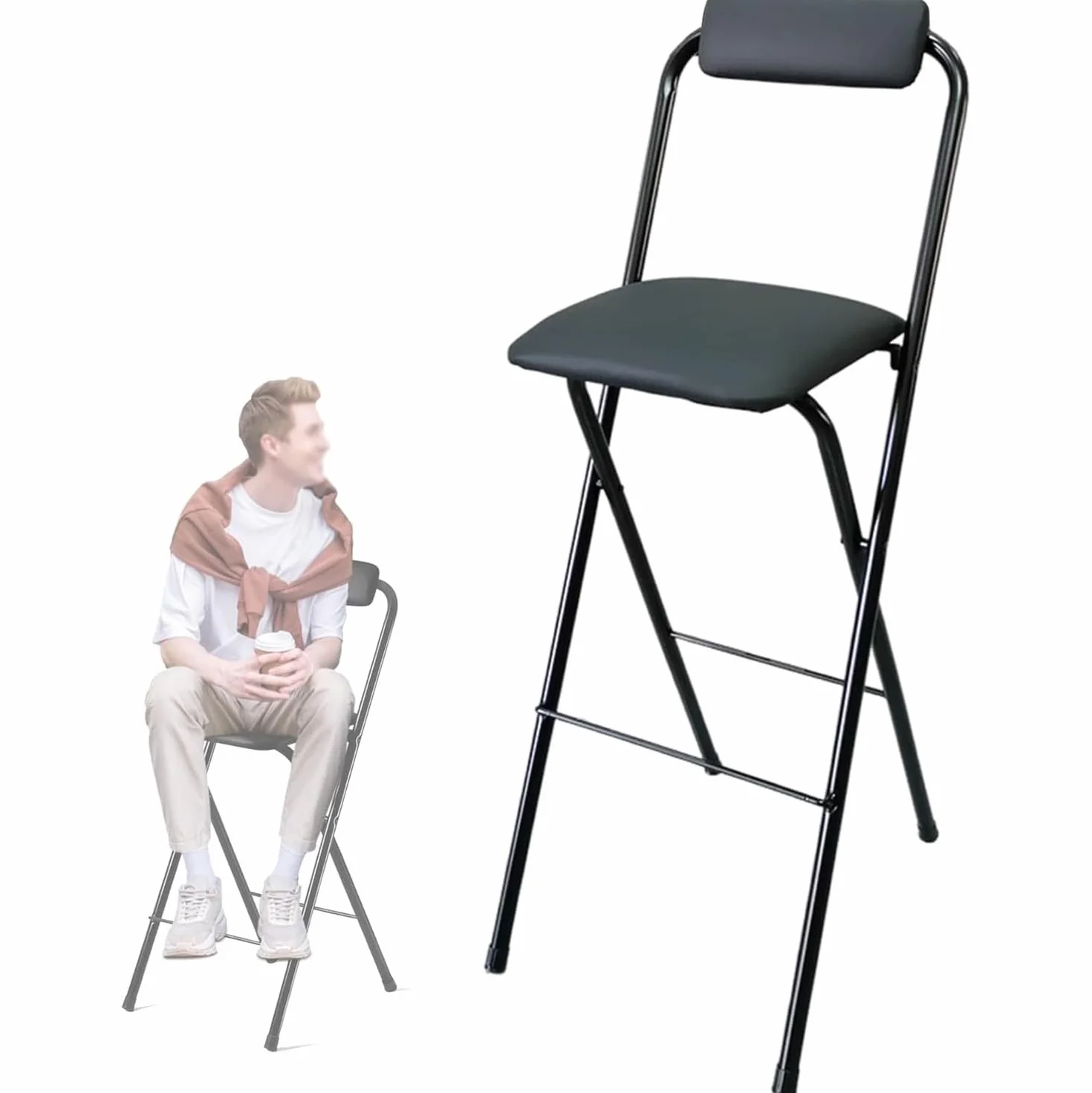 Taburete De Bar Plegable con Respaldo, Silla De Cocina Tapizada con Altura De Barra, Trona Portátil para Adultos, Taburete Alto para Desayuno Interior Y Balcón 65CM