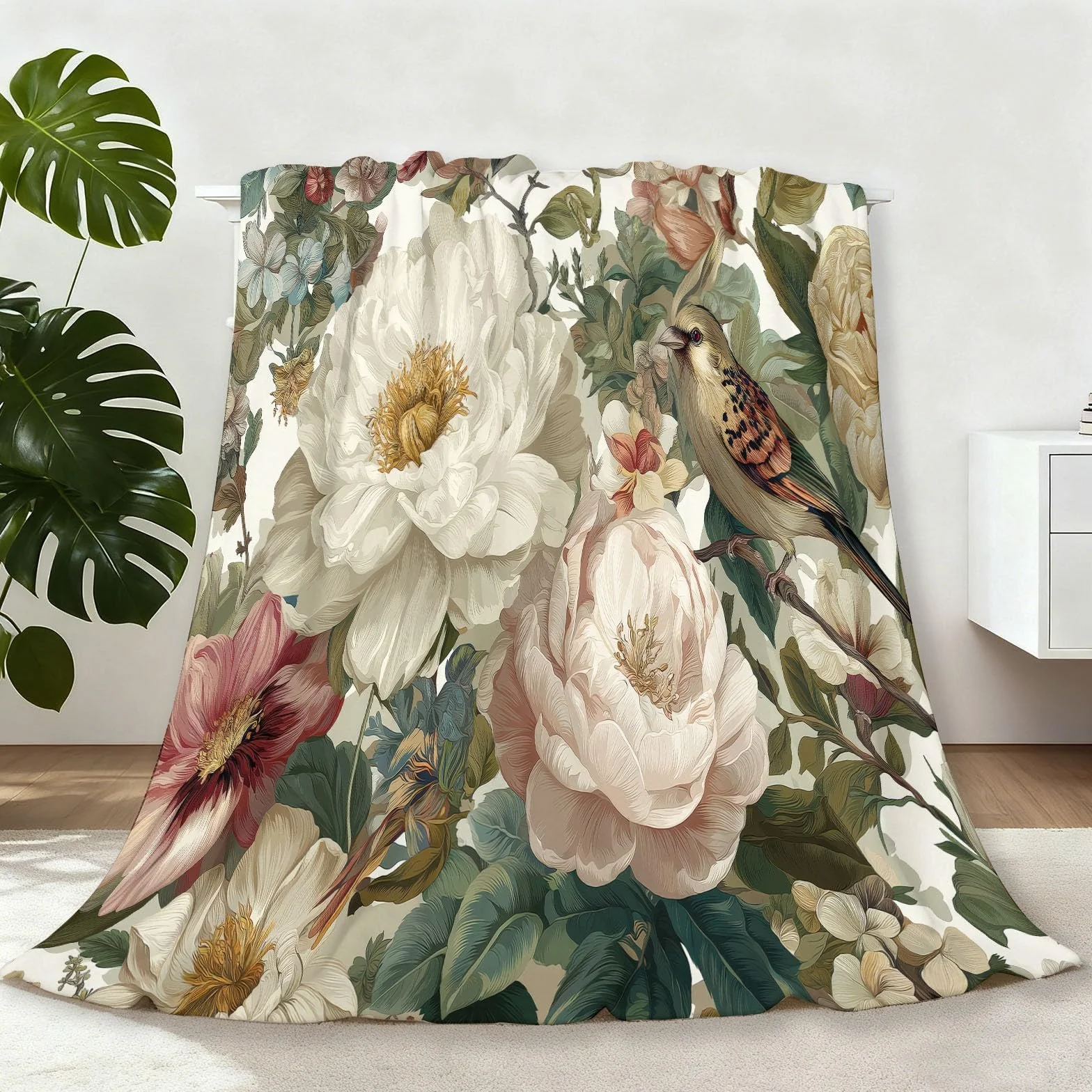 Manta de forro polar de franela, crema suave duradera cálida peluche 200 x 220 cm mantas, vintage plantas enredaderas rosas flores impresión manta franela día de la madre Navidad regalos para mamá