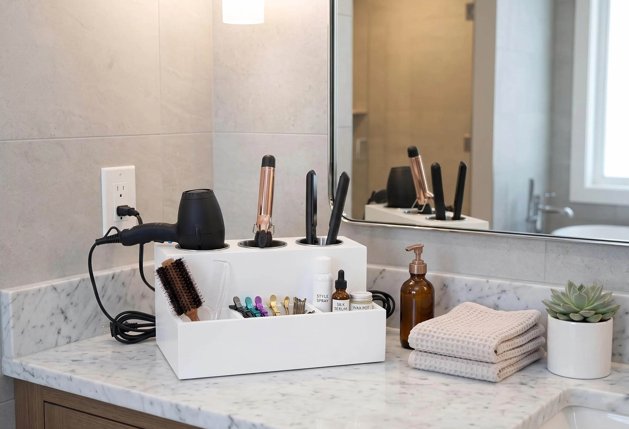 Organizador de herramientas para el pelo, y estilo del pelo, la planchita alisadora,el rizador el organizador de brochas, Montaje en pared o siéntese en el mostrador para Tocador, Baño-Blanco
