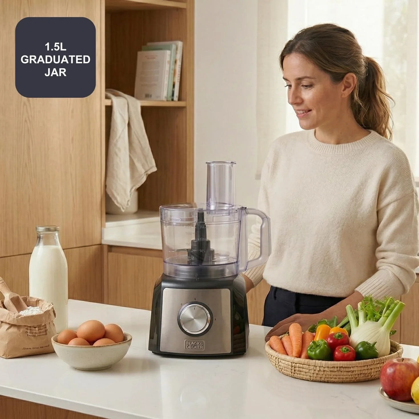 BLACK+DECKER – Procesador De Alimentos BXFPA1200E | 1200W | Jarra 1.5L | 2 Velocidades + Turbo | +8 Accesorios | Inox Antihuellas | Cuchillas Y Discos INOX | BPA Free | Antideslizante