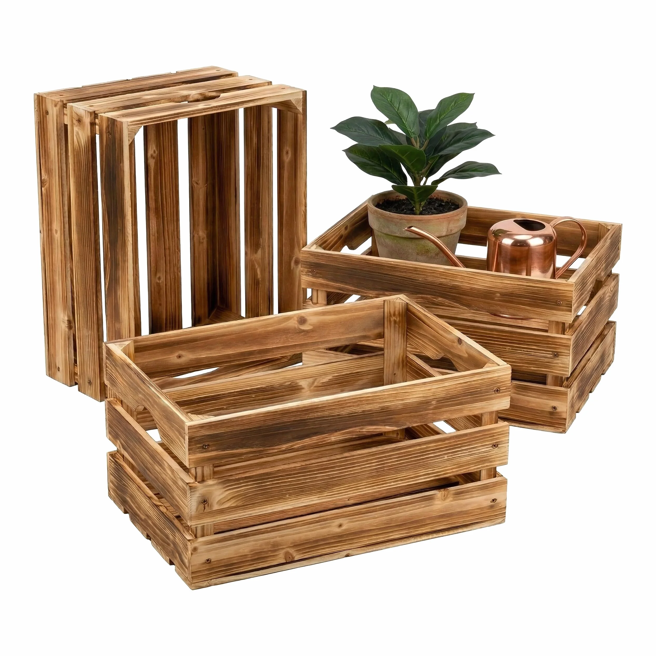 Relaxdays Juego de 3 Cajas de Madera Vintage 25x40x30 cm marrón | Almacenamiento, decoración, caja para provisiones con acabado flameado, madera