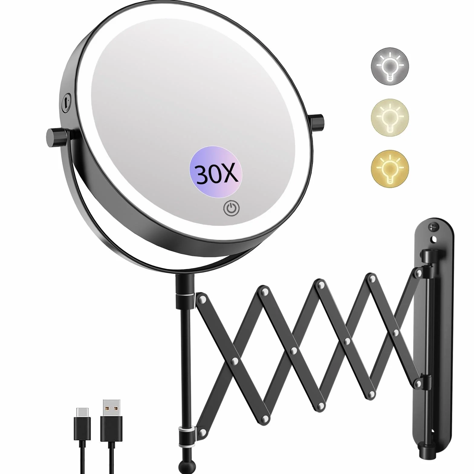 FUNTOUCH Espejo de Maquillaje Recargable con Aumento 1X/10X, iluminación en 3 Colores, Brazo extendido, Espejo de Pared Giratorio 360° para baño y Hotel (Negro) | 3 colores de iluminación, brazo extendido, espejo de maquillaje giratorio 360°, espejo de pa