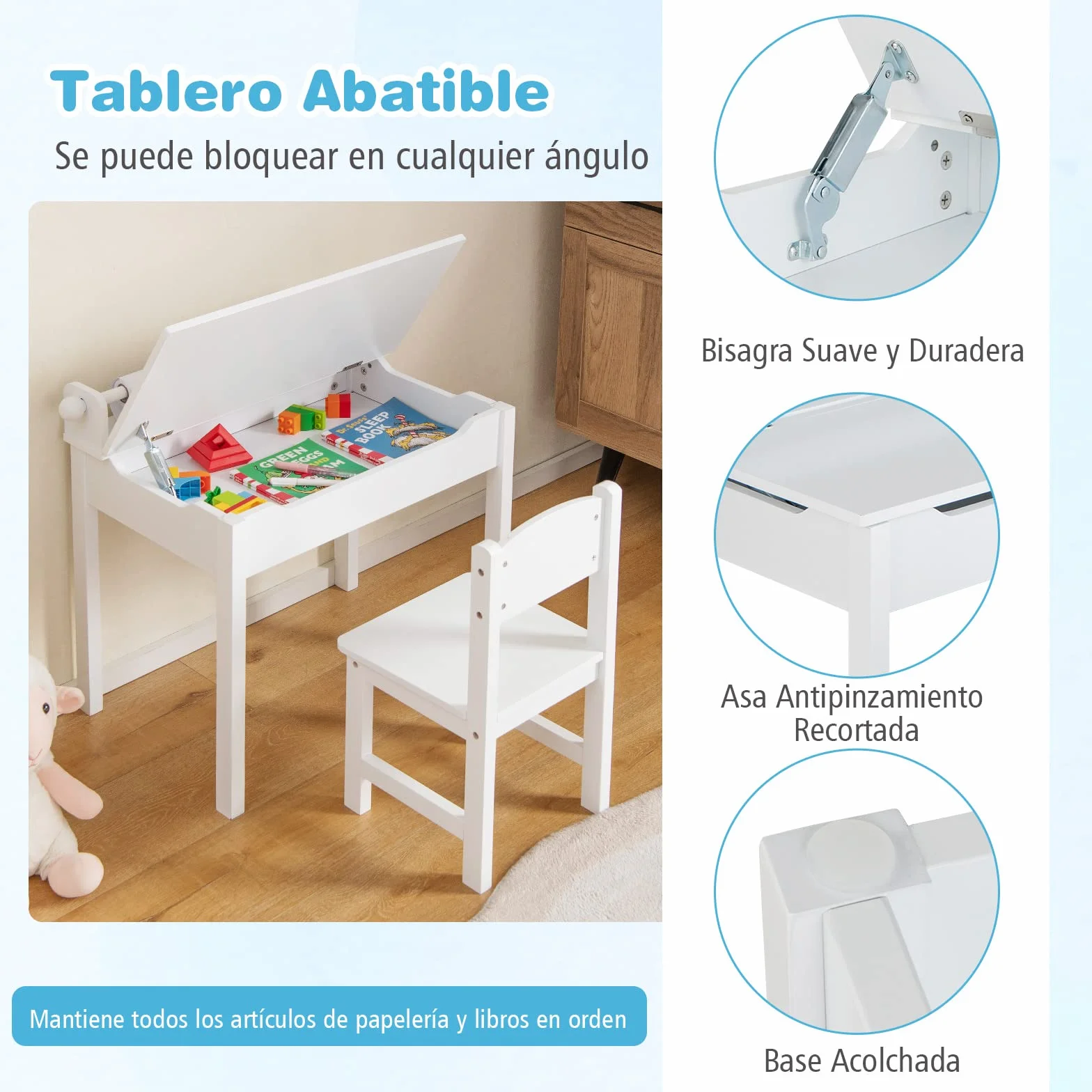 COSTWAY Juego de Mesa y Silla Infantil de Madera, Mesa de Actividades con Soporte para Rollo de Papel, Escritorio para Dibujar y Estudiar (Blanco)