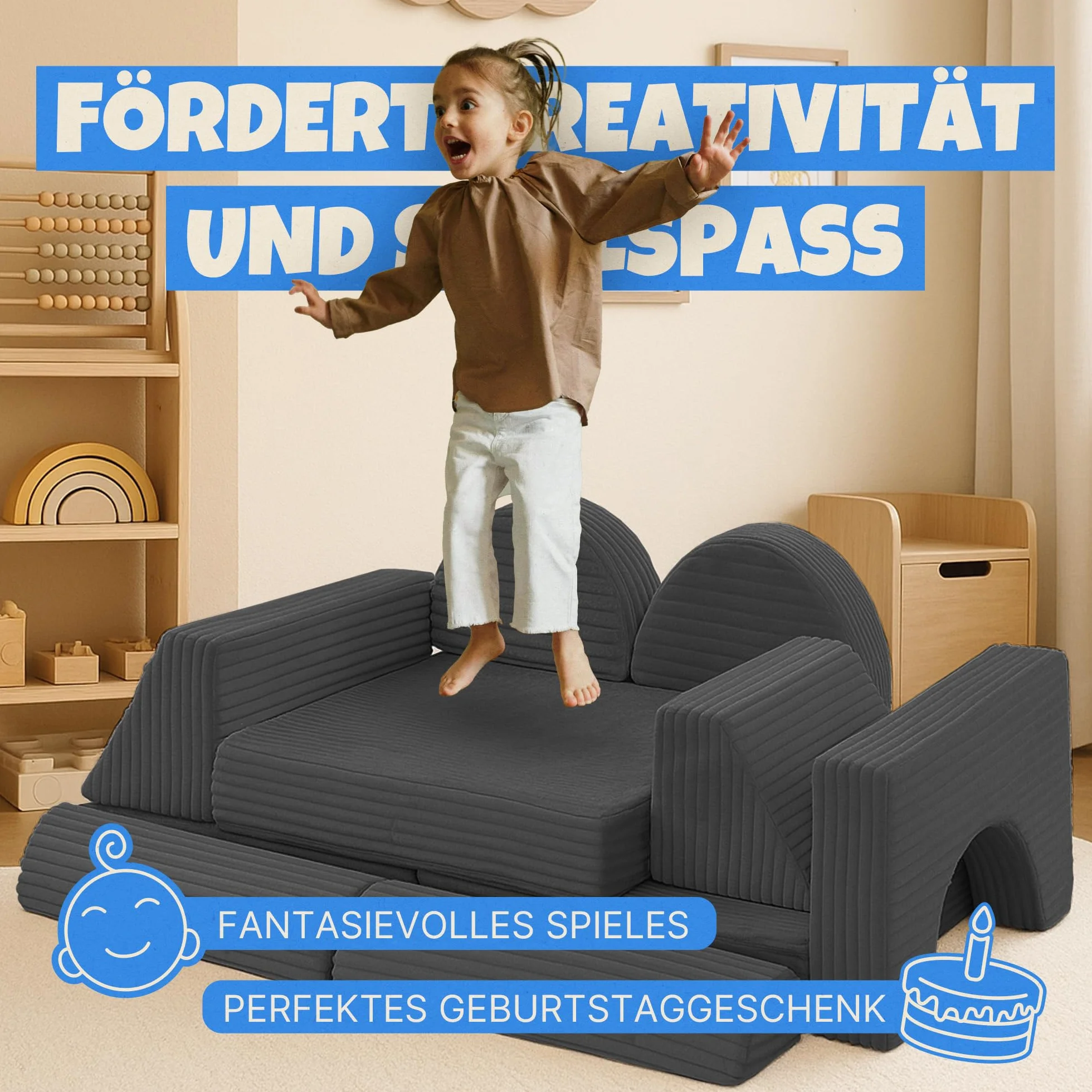 Bestlivings Sofá de juegos infantil de 11 piezas (antracita) de pana de franela, sofá de juegos modular para construir creativamente en la habitación de los niños, estable y ampliable