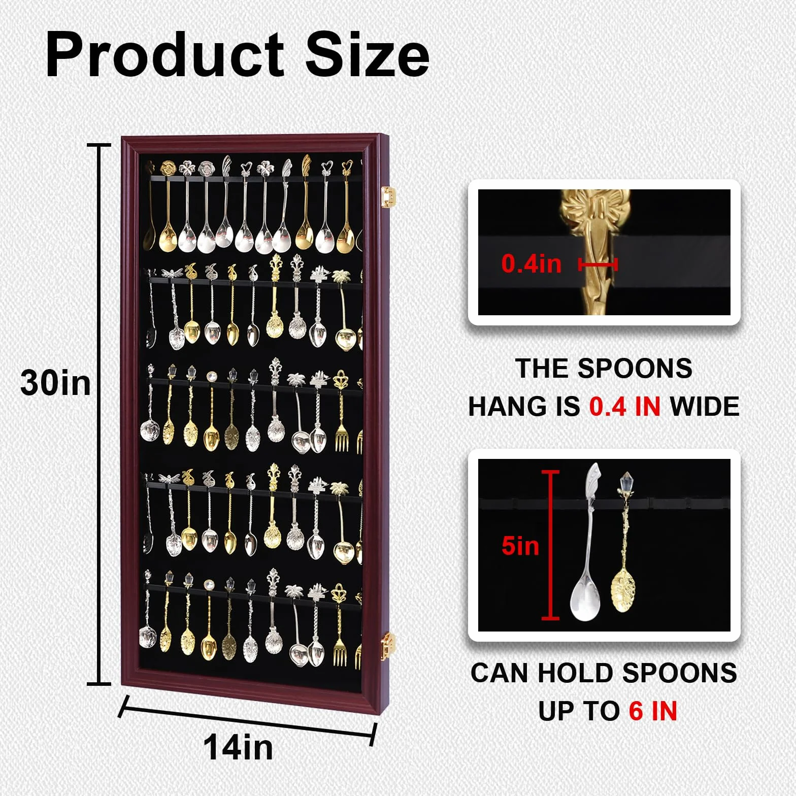 Expositor de 60 cucharas de té de recuerdo, colección de coleccionistas, soporte de pared de madera con 98% acrílico UV con cerradura (60 cucharas, cereza)