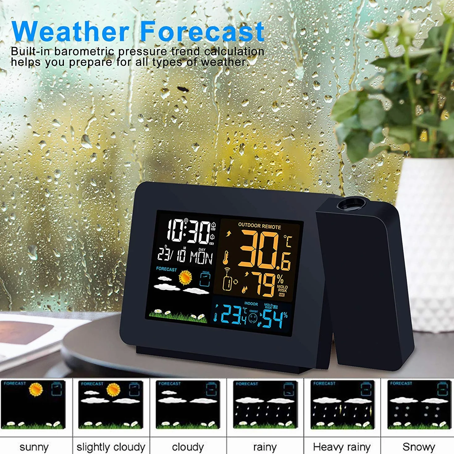 Despertador Digital Estación meteorológica inalámbrica Alarma de proyección Relojes atómicos con Sensor Remoto para Temperatura y Humedad