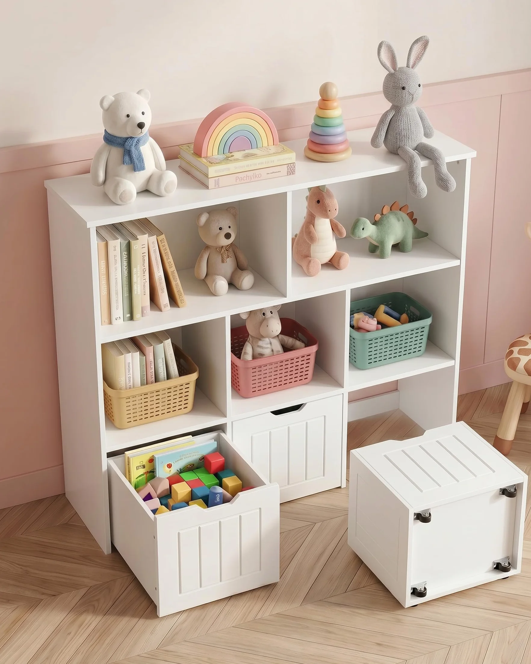 Estanteria Infantil con 5 Compartimentos, Organizador de Juguetes con 3 Cajones, Mueble Almacenaje Juguetes, Librería Montessori, Estante para Niños, Blanco 100x33x89.5cm
