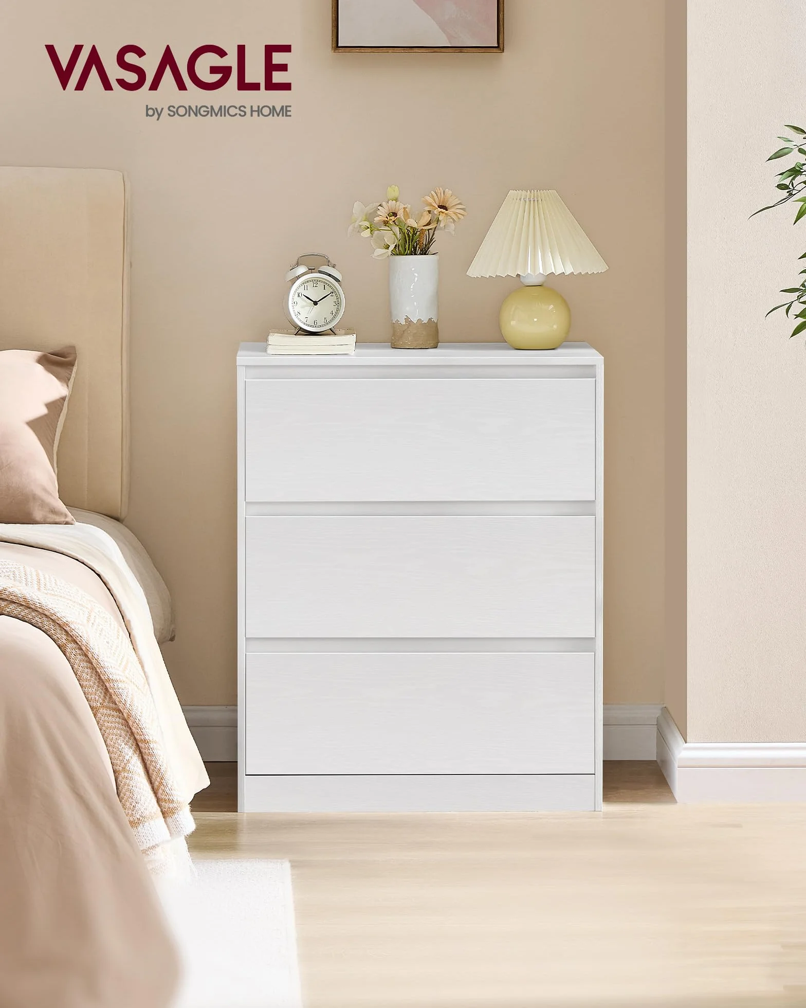 VASAGLE Colección Kailyn - Cómoda de 3 Cajones para Dormitorio, Armario de Almacenamiento, Mueble para Ropa, 40 x 60 x 75 cm, Estilo Moderno, Blanco Nieve LTS613WE01