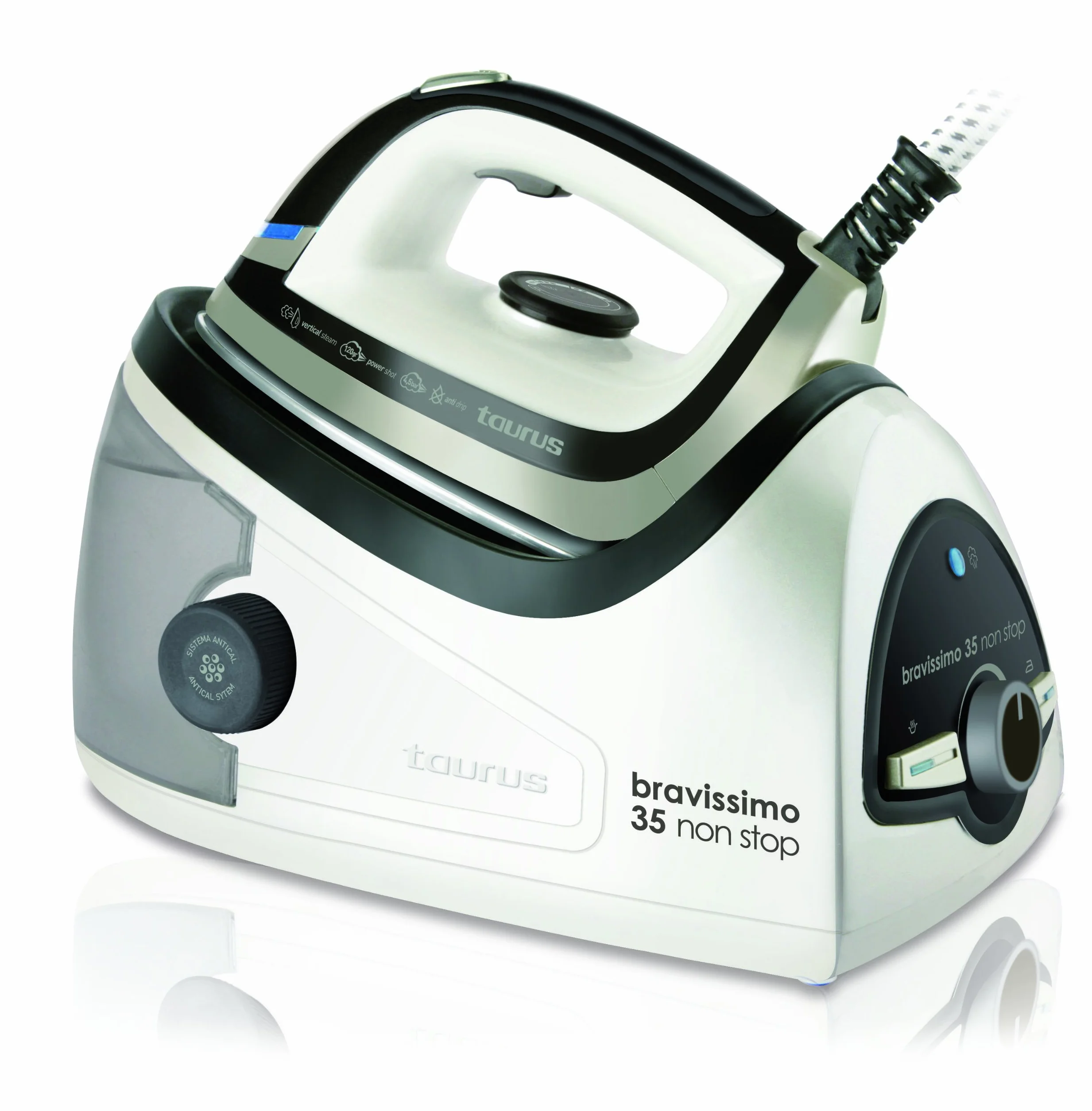 Taurus BRAVISSIMO35NSPRO - Centro planchado, 2350 W, vapor entre 40 y 120gr/min, 4.5 bares, 1.2 litros, sistema antical, color blanco