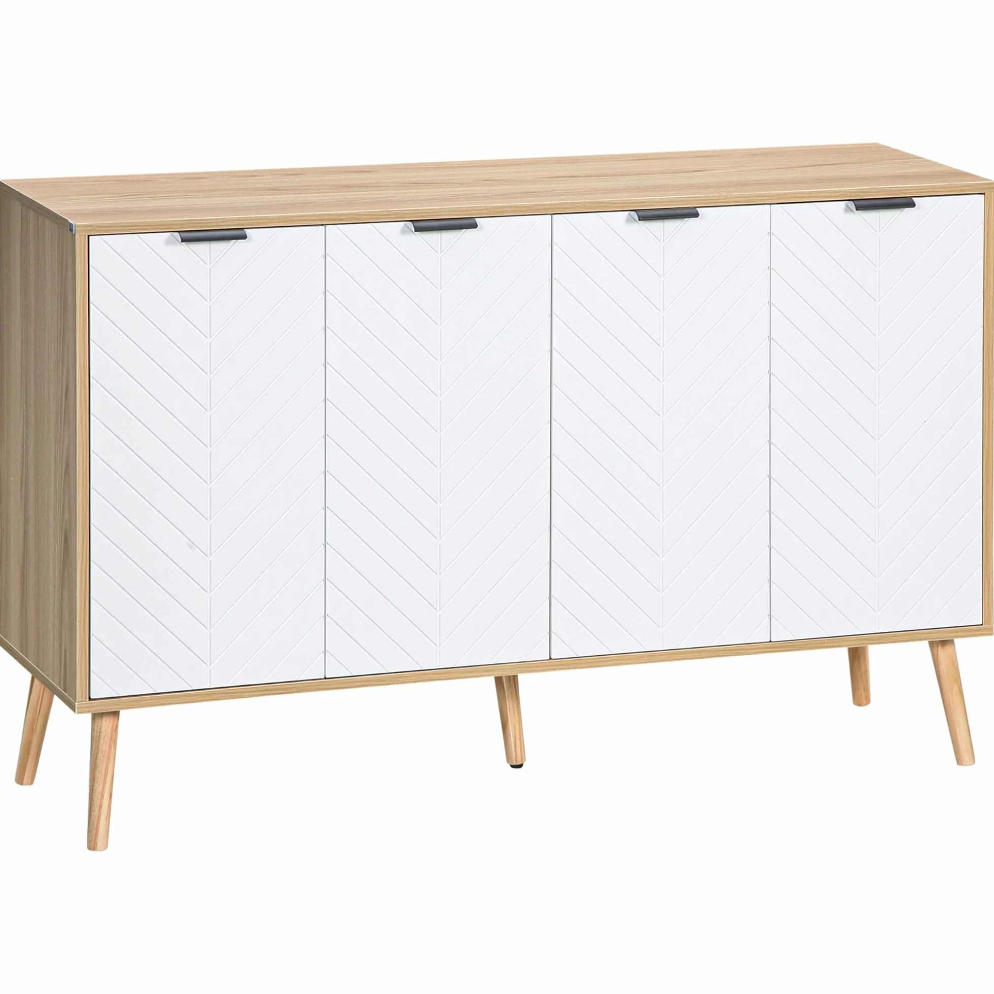 HOMCOM Aparador de 4 Puertas, Aparador de Salón con Estantes Ajustables, Patas de Madera, Puertas con Patrón de Espiga, para Cocina, Entrada, Dormitorio, Blanco y Natural, 120x35x77,4 cm