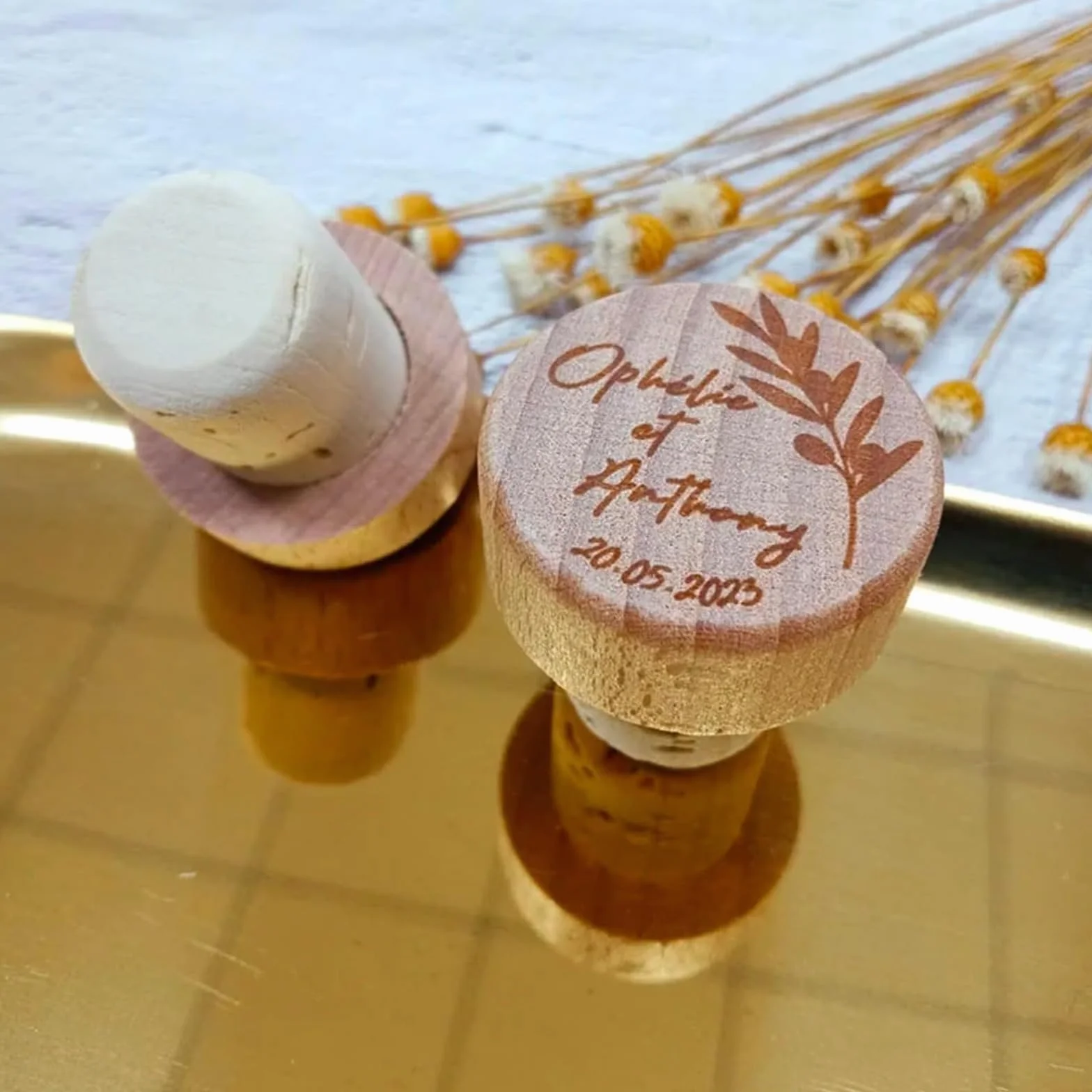 Tapones de vino de corcho personalizados grabados para boda (90 unidades)