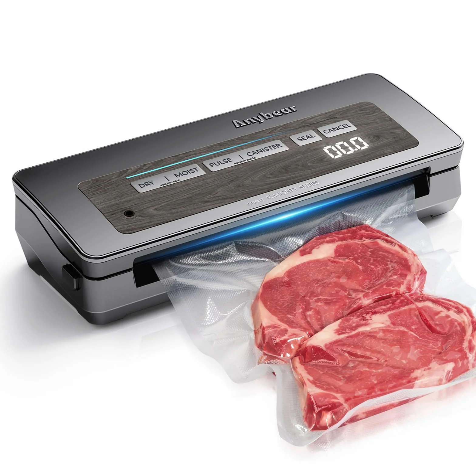 Selladora al vacío, 90 kPa, 100 W, sellado ancho, potente almacenamiento de alimentos, cortador integrado | Almacenamiento de bolsas | Pantalla digital de cuenta regresiva (Gris)