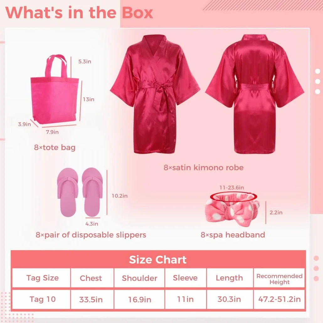 Kit de fiesta de spa de 32 piezas: incluye 8 kimonos de satén, 8 diademas de spa, 8 pantuflas de espuma y 8 bolsas para fiestas de pijamas de niños, fiestas de pedicura y diversión en el salón de