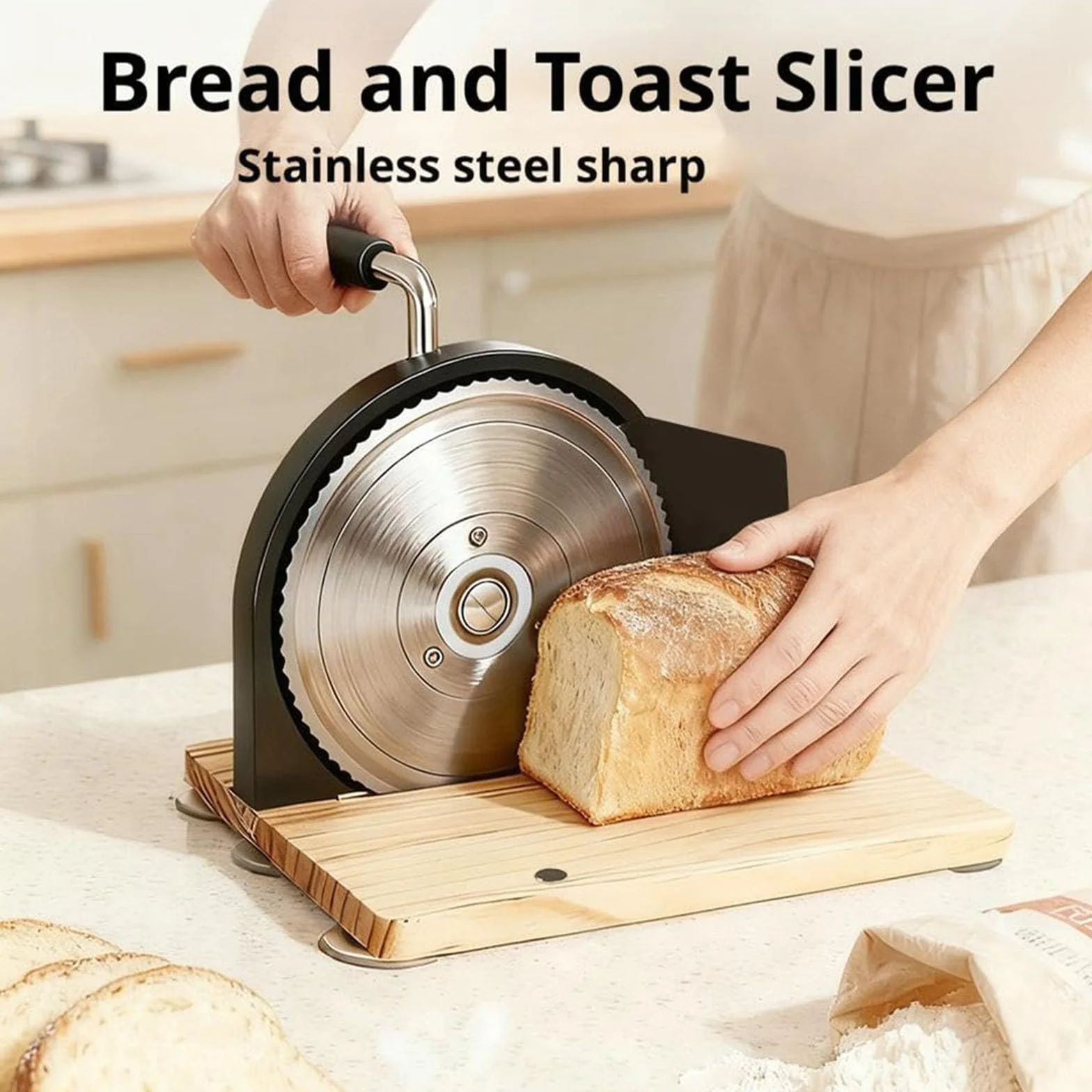 Cortador de pan, cortadores ajustables de acero inoxidable para masa madre, tostadas y pasteles. Herramienta de cocina esencial para rebanadas perfectas, diseño de manivela