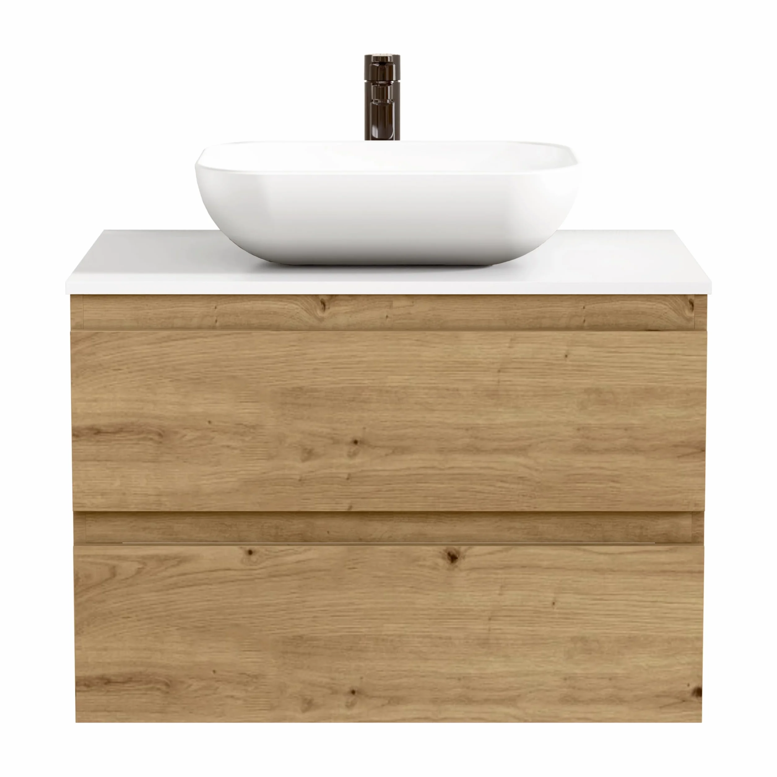 BELLOBATH - Mueble Baño Suspendido con Lavabo de Cerámica, Mueble Baño con Lavabo Montado con 2 Cajones, 60 x 55 x 46 cm, Mueble Roble y Tapa Blanca