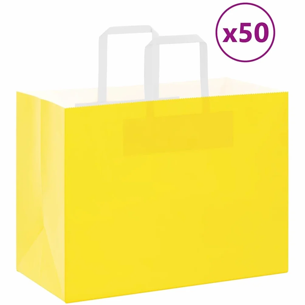 Bolsas de papel amarillo con asas de cuerda de papel, 32 x 17 x 25 cm, 50 unidades, papel de estraza para bolsas de regalo, fiestas, celebraciones, cumpleaños, bodas, Navidad