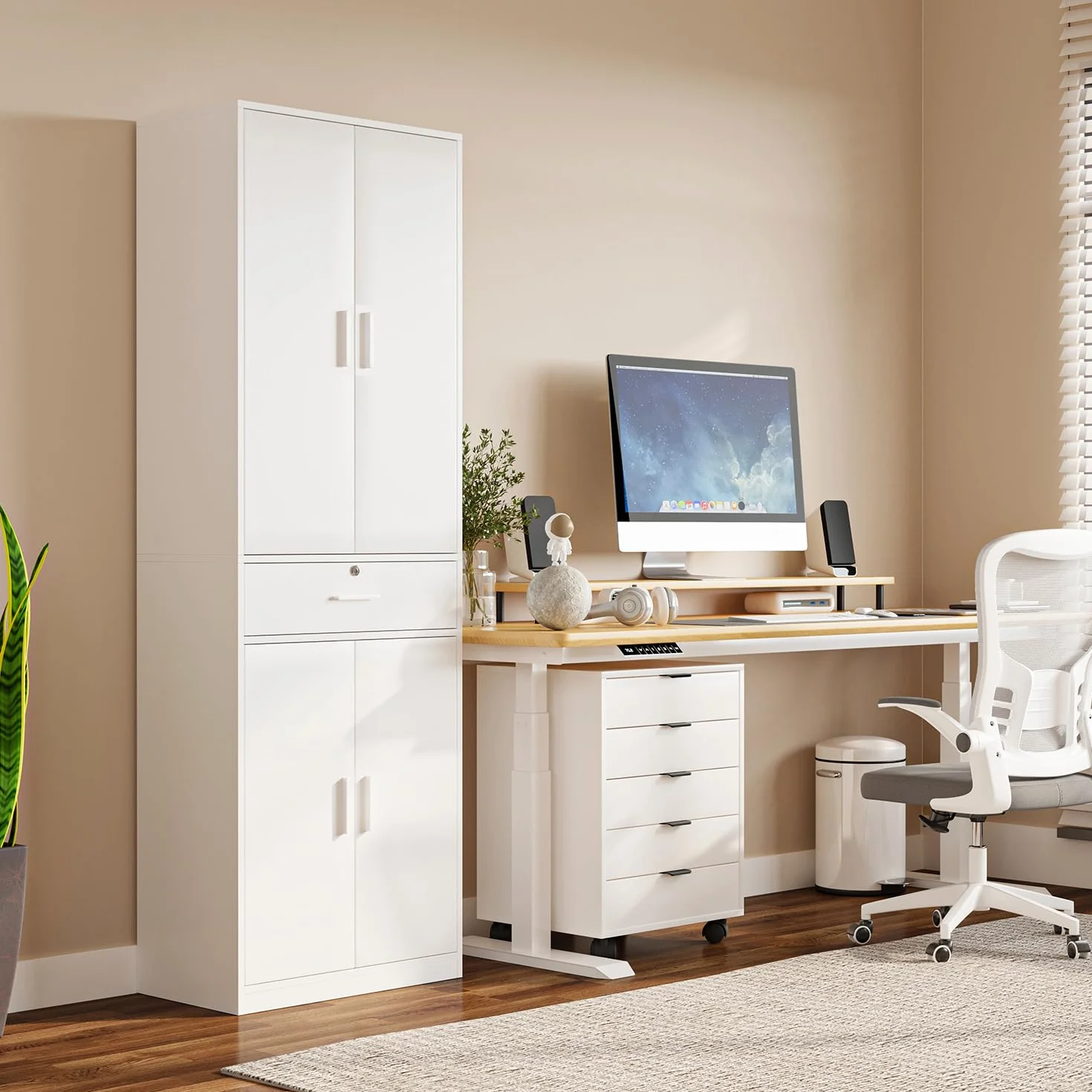 Armario de Oficina Multifuncional con llave Cajones y Cerradura, Blanco | Armario de Almacenamiento Multifuncional con 5 Niveles y Baldas Ajustables, Para salón, dormitorio despacho，60 x 180 x 34 cm