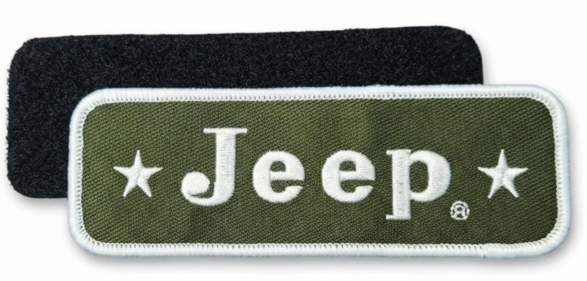 Jeep Parche bordado con logotipo de estrellas, 2 piezas, 1.5 x 4.5 pulgadas, verde militar/blanco