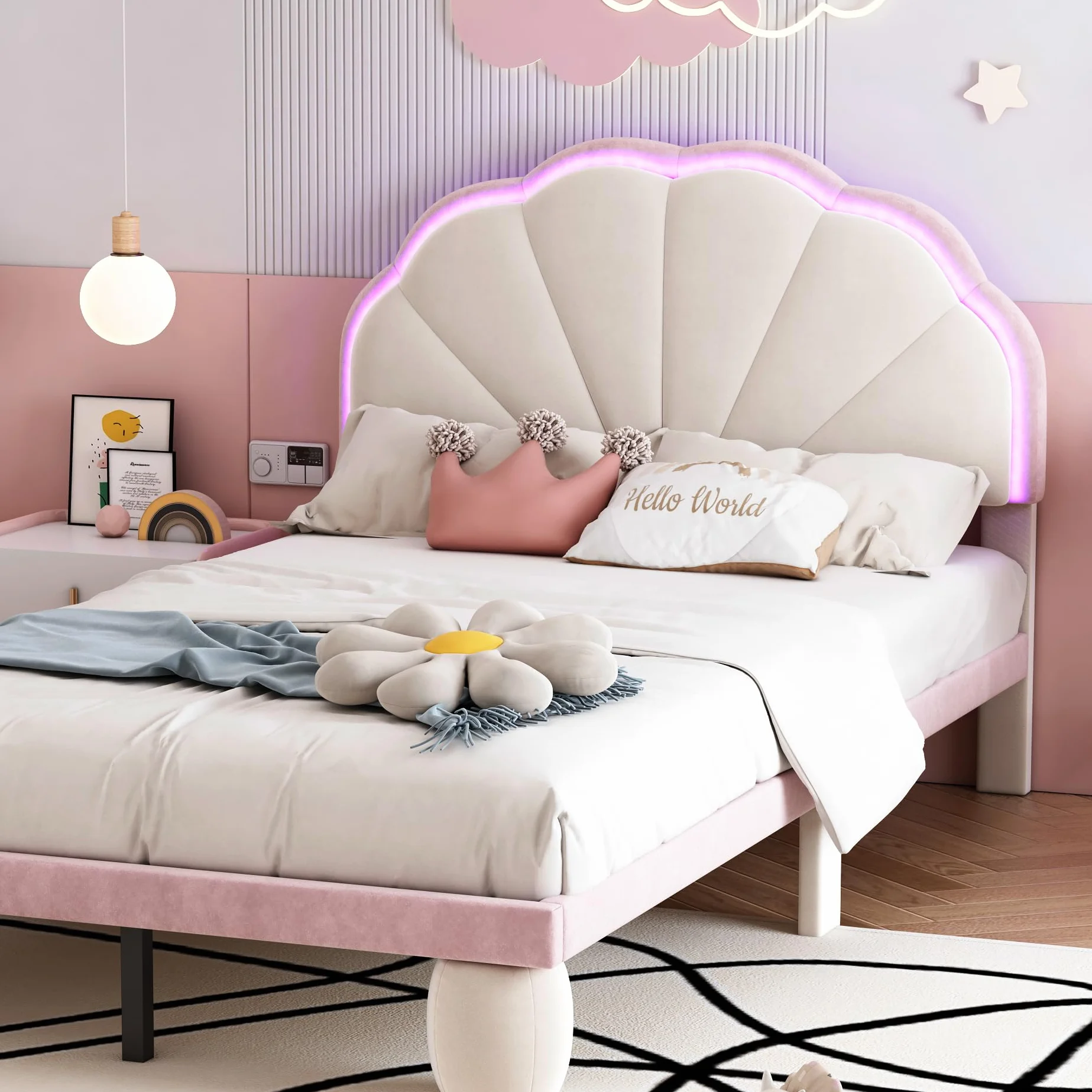 Cama tapizada LED para niños: cama individual de terciopelo en beige y rosa, 90 x 200 cm, con cabecero ondulado, tiras de luz que cambian de color y patas acolchadas, habitación infantil de cuento de
