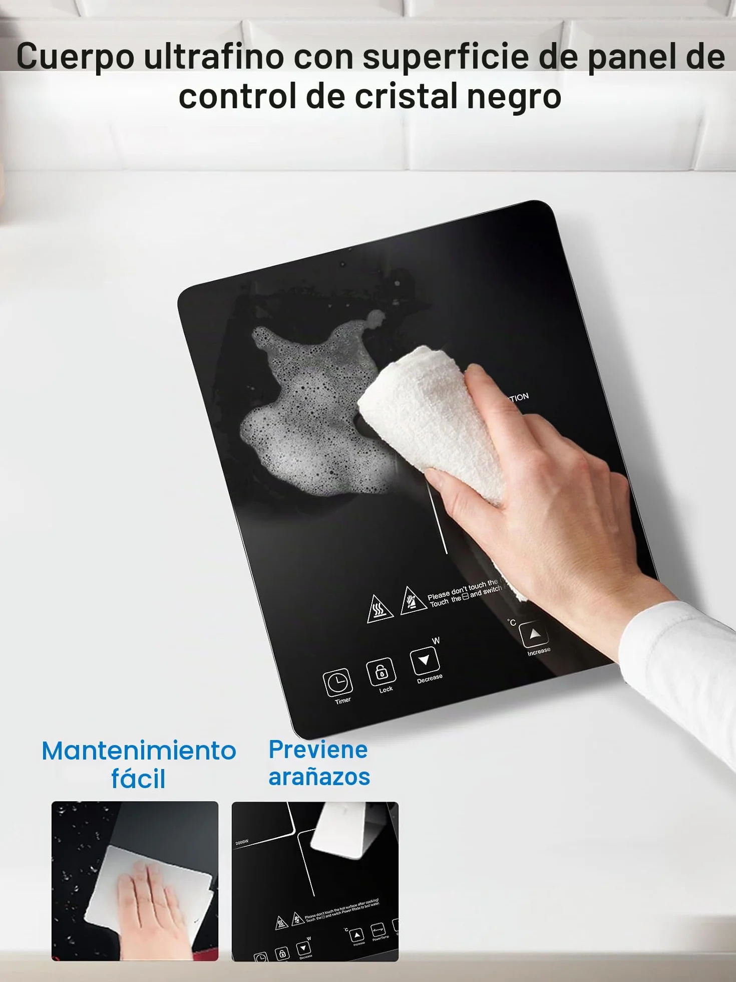 Placa Inducción Portatil AMZCHEF, placa de inducción de 2000 W con cuerpo delgado, 20 niveles de potencia, 20 configuraciones de temperatura, temporizador de 3 horas, negro
