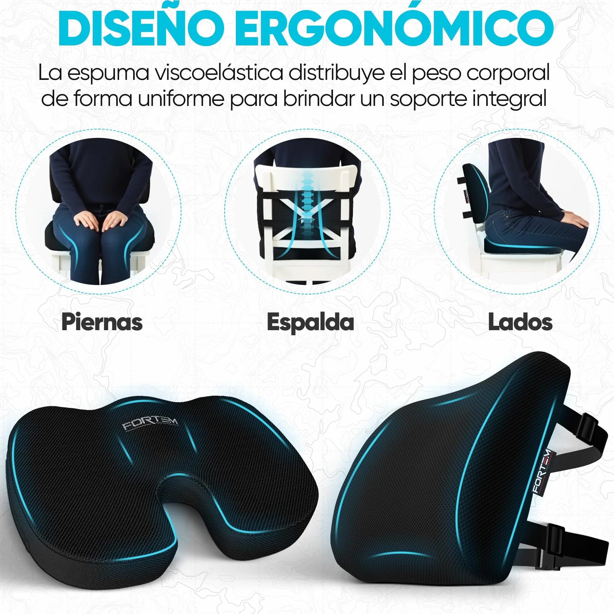 FORTEM Pack Cojín Silla Oficina y Almohada Lumbar - Cojín para Silla Ordenador en Forma De U y Almohada Lumbar con Espuma Viscoelástica para Asiento Coche, Gaming, Trabajo - Fundas Lavables