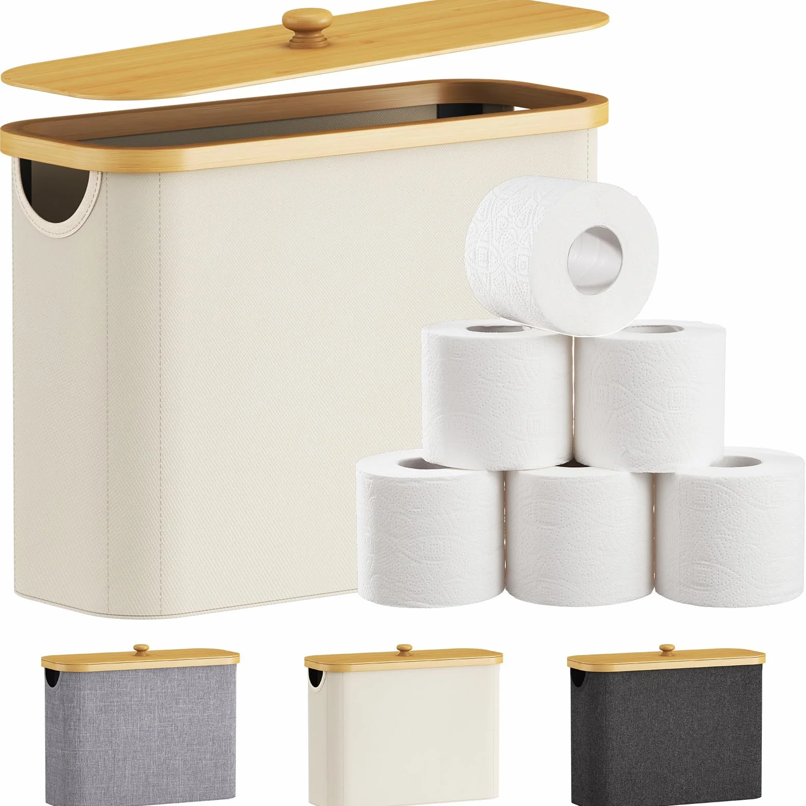 Lifewit Organizador Papel Higienico, Cesta Almacenaje Portarrollos Guarda Rollos Papel Higienico, Bambú Angosto Organizador Baño con Tapa, 23L, Blanco