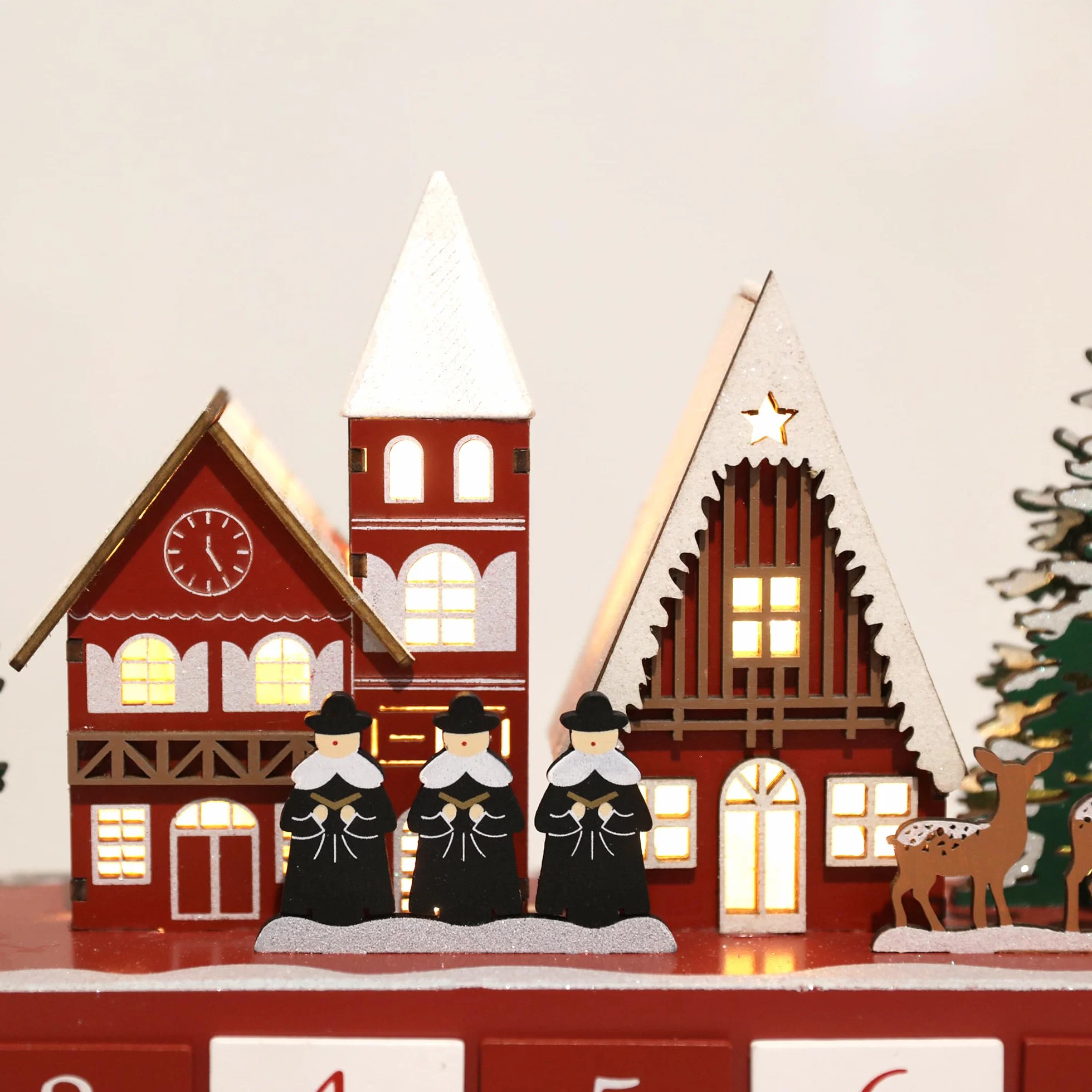 PE Calendario de Adviento de madera de Navidad con luces LED, cuenta regresiva de 24 cajones para Navidad, escena festiva de iglesia con renos y árboles, perfecto para decoración del hogar de