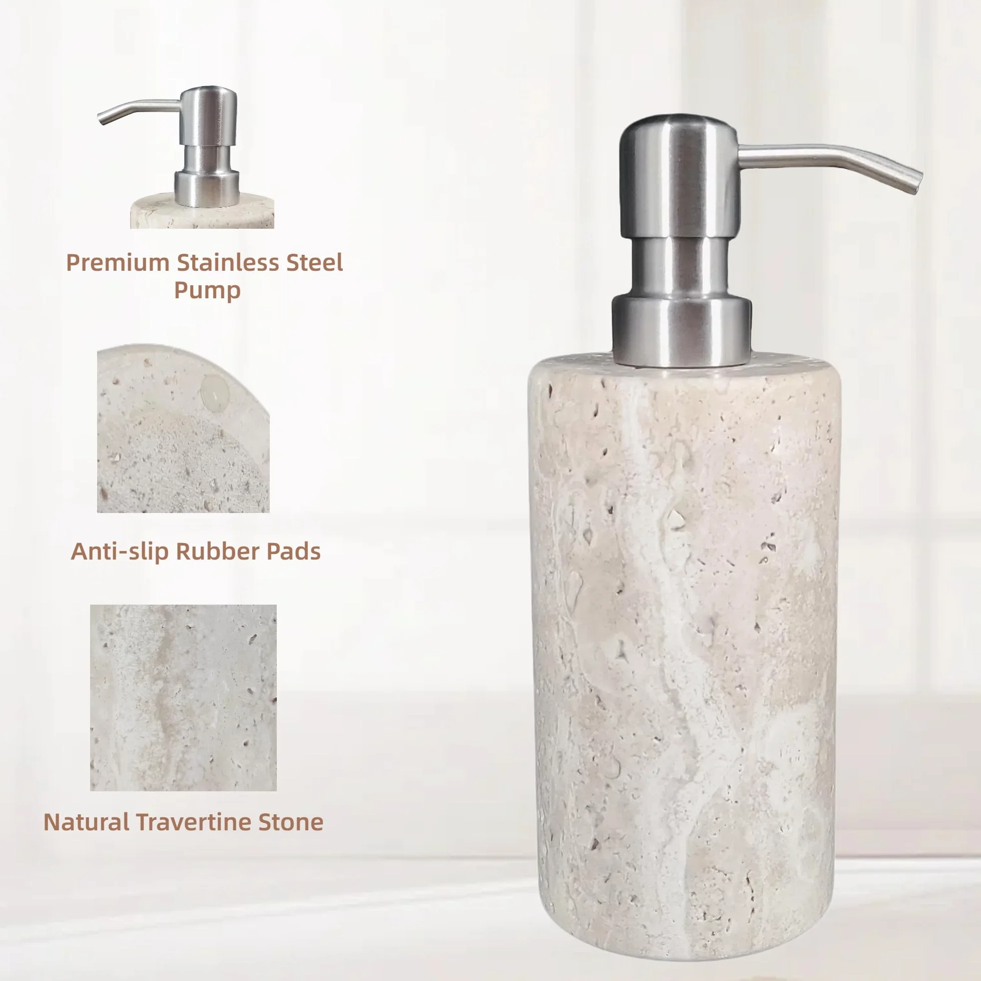 Dispensador de jabón de mármol travertino natural con bomba de acero inoxidable, botellas de jabón líquido de loción de mármol para cocina y baño